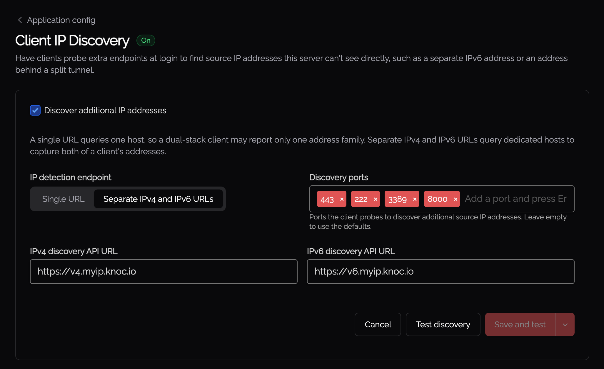 Client IP Discovery enabled, with the discovery API URLs and ports