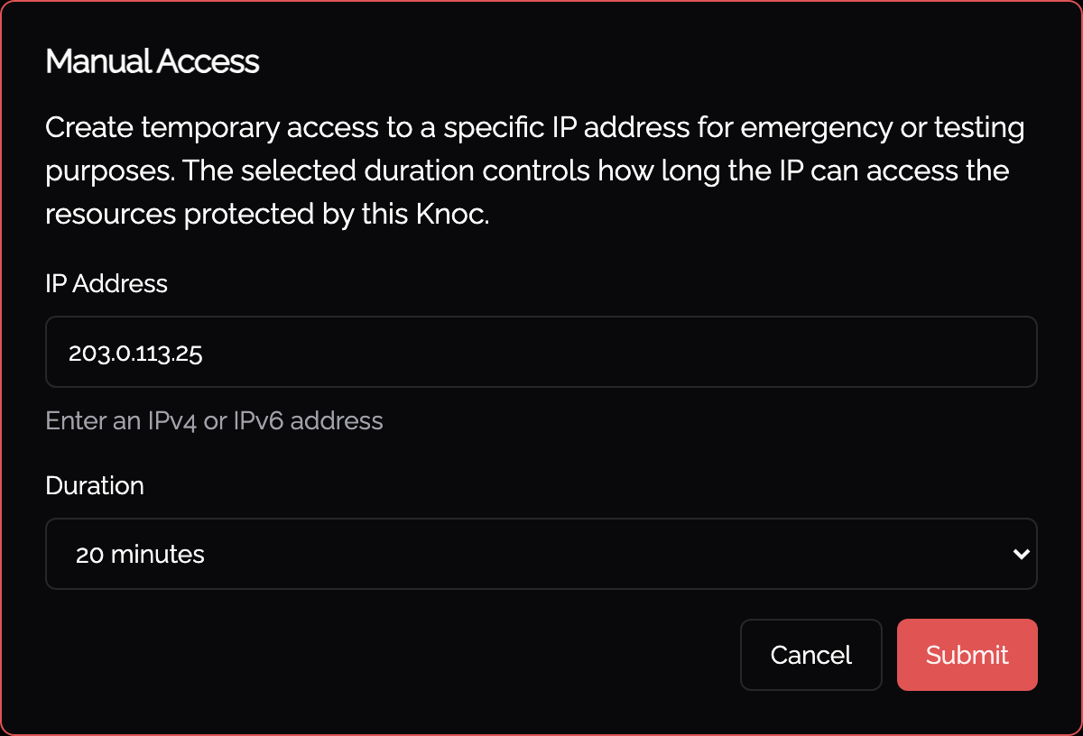 Manual Access dialog: IP address and duration