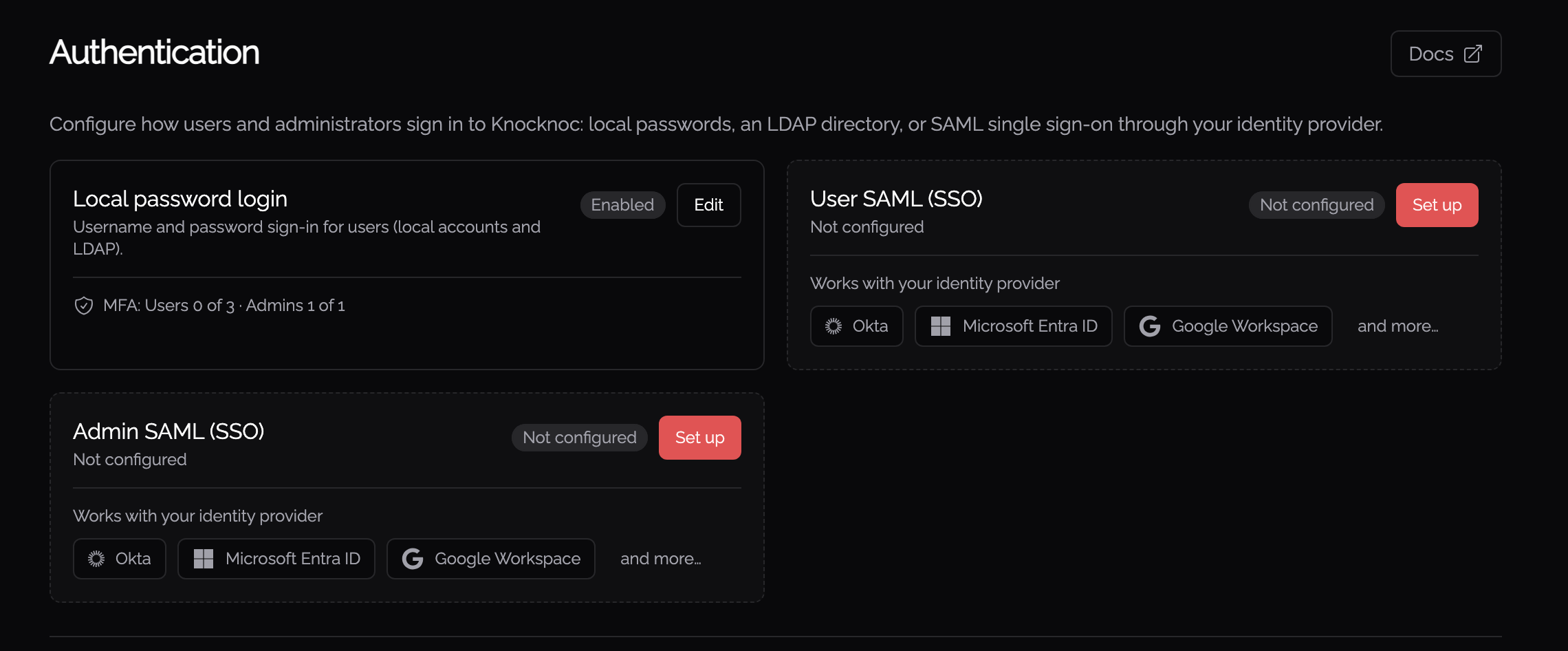 Authentication cards in admin Settings