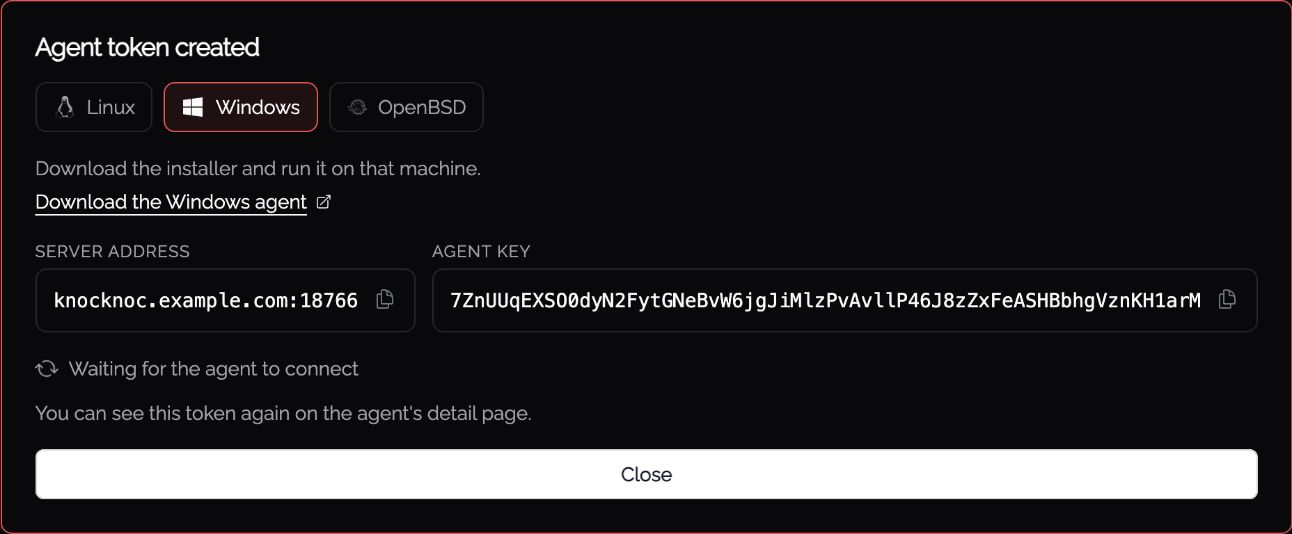 Agent token panel with Windows selected: installer download, server address and agent key