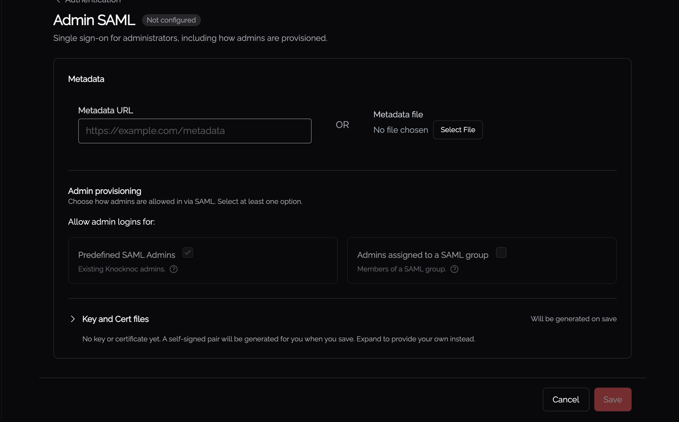 Admin SAML single sign-on settings