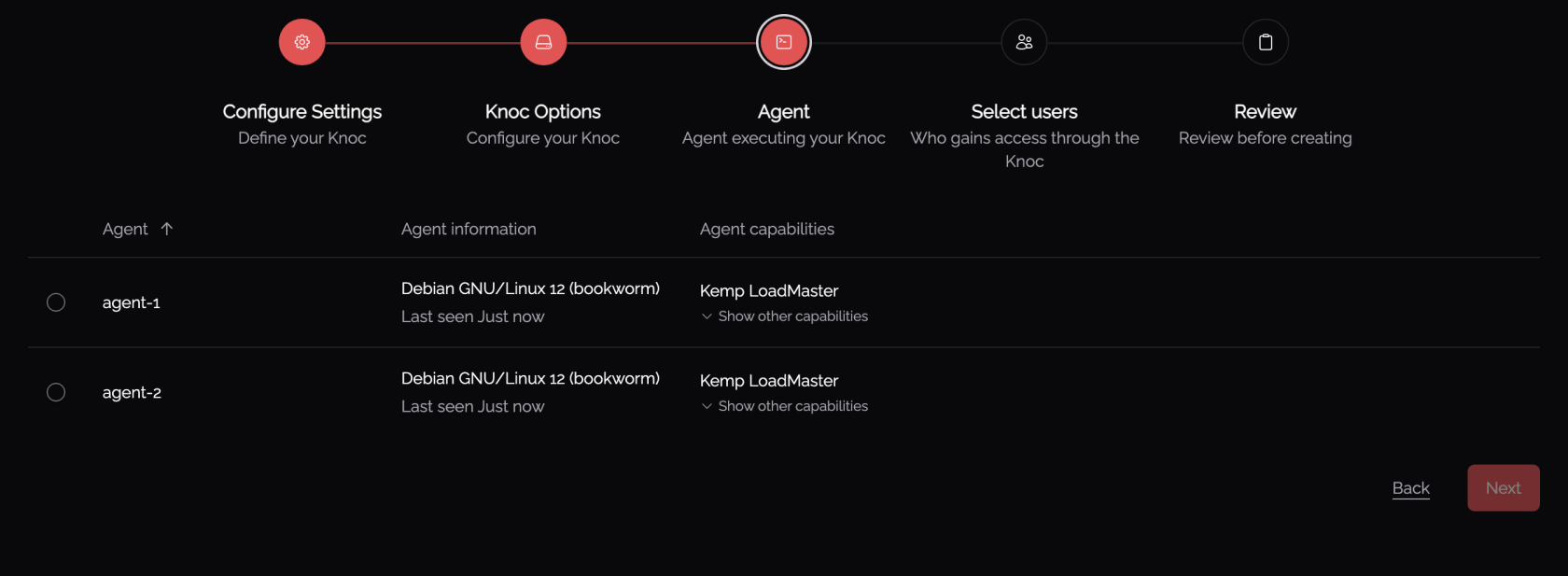 Agent step showing the Kemp-capable agent selected