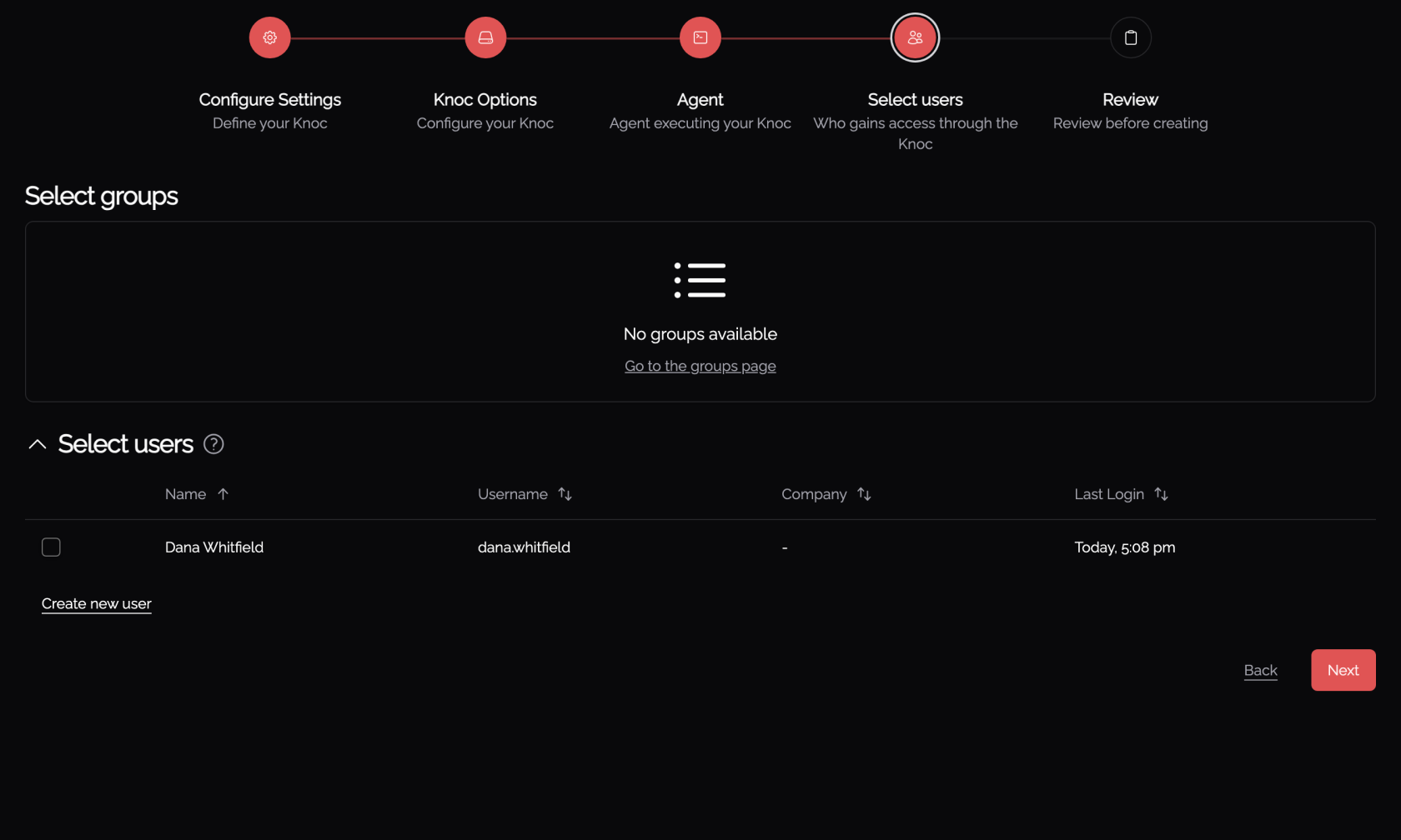 Select users step of the create-knoc wizard