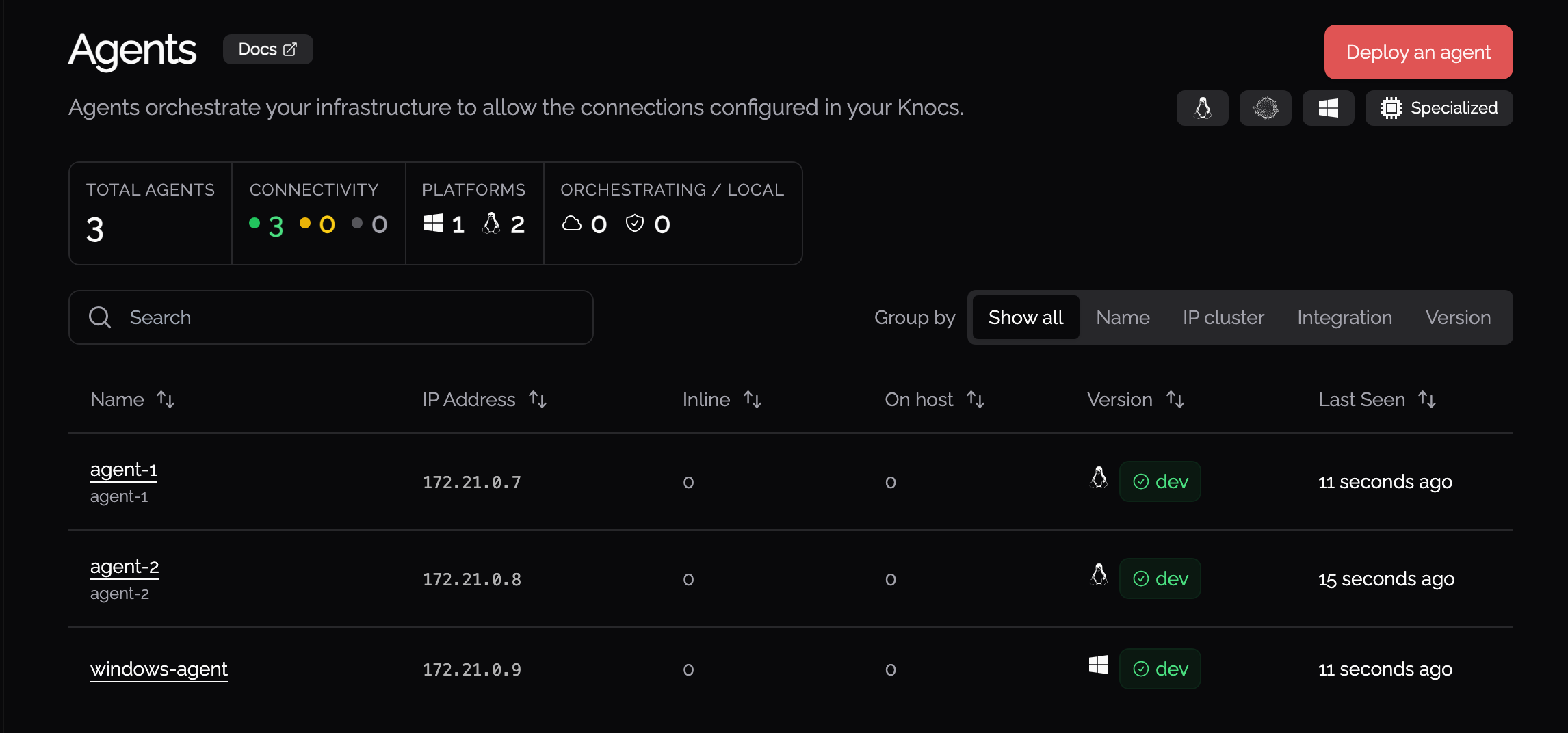 Agents list showing the Windows agent connected