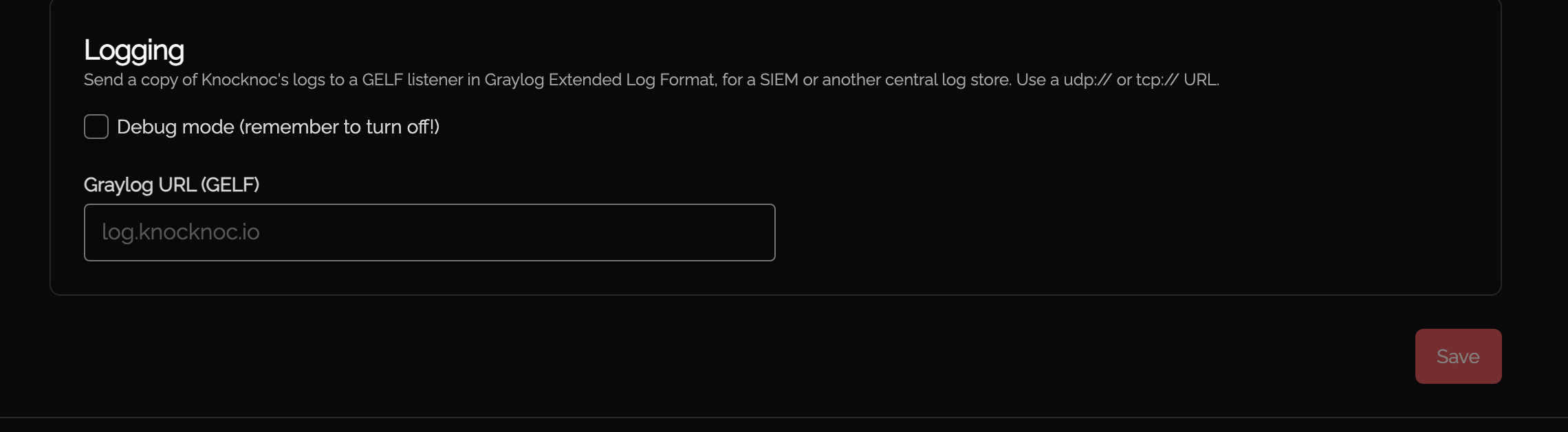 Logging and diagnostics settings