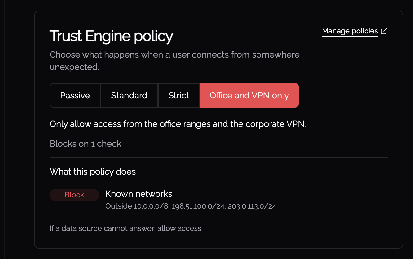 The Trust Engine policy chooser on a Knoc, with a custom policy selected