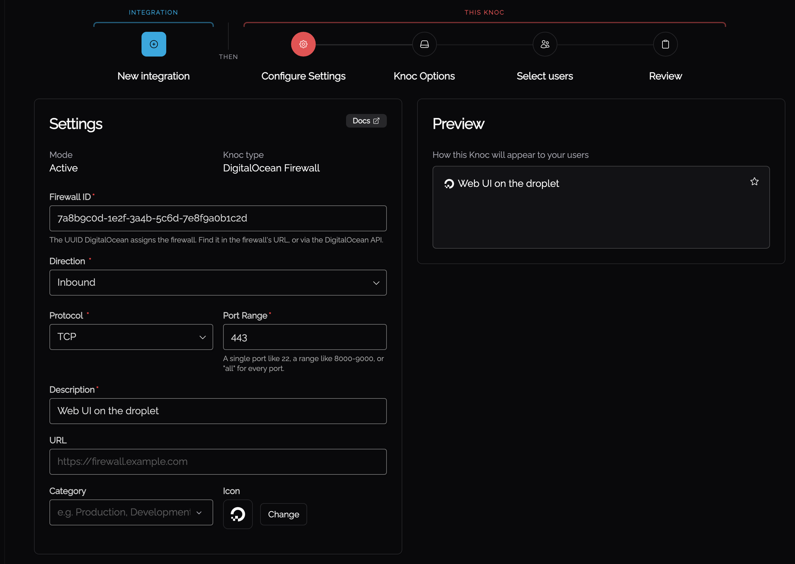Setting the firewall ID, direction, protocol and port range on the Knoc