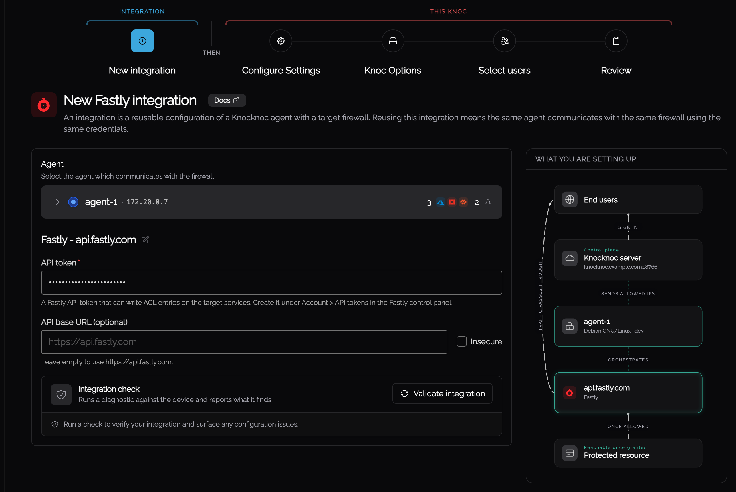 The Fastly integration step with the agent and API token
