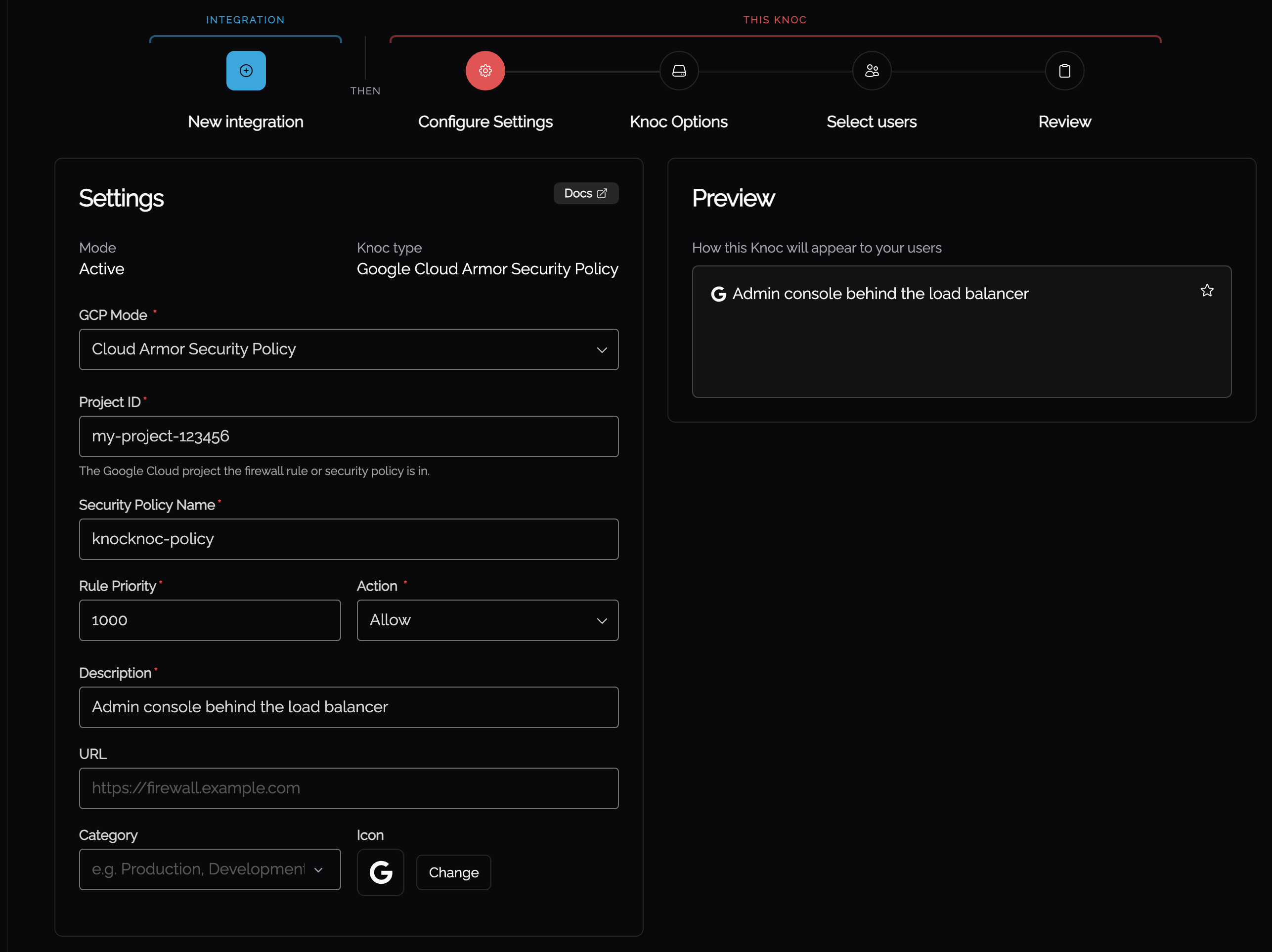 Setting the security policy name, rule priority and action on the Knoc