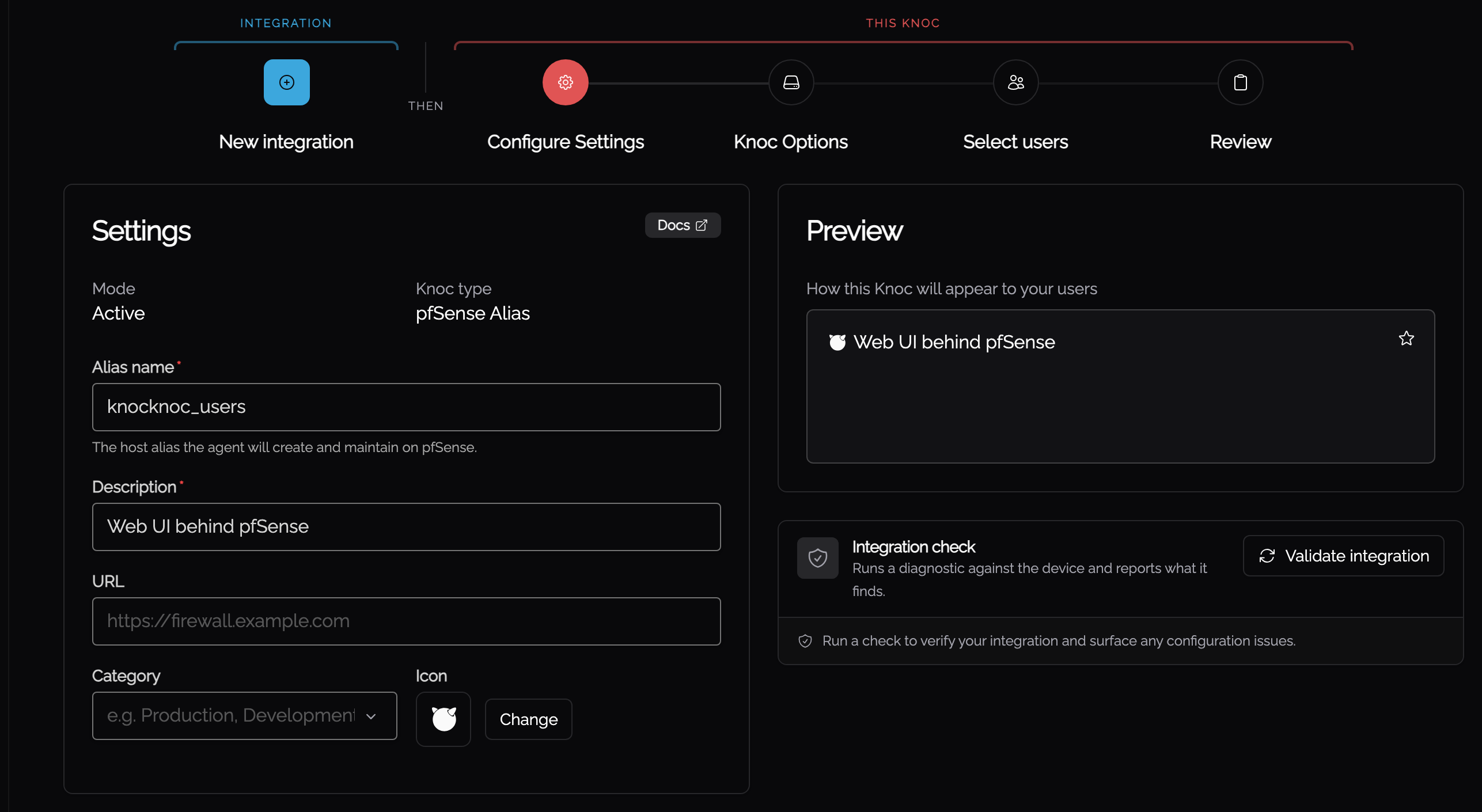 Setting the alias name on the Knoc