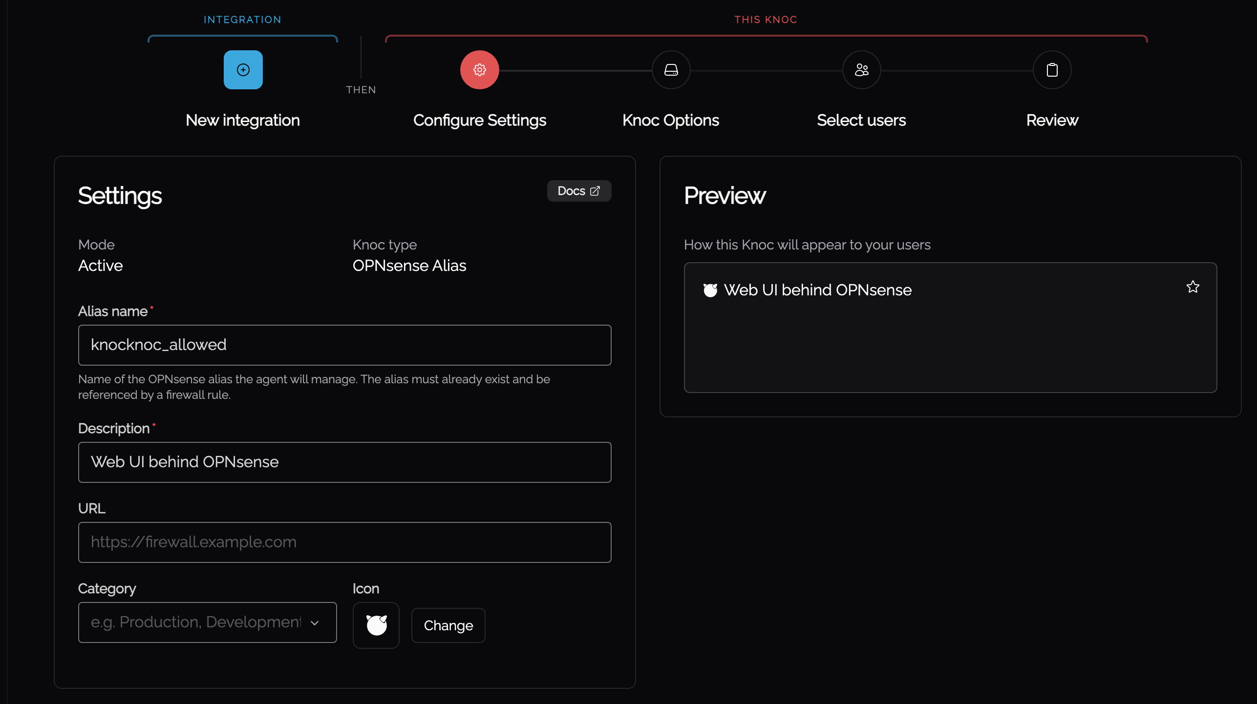 Setting the alias name on the Knoc