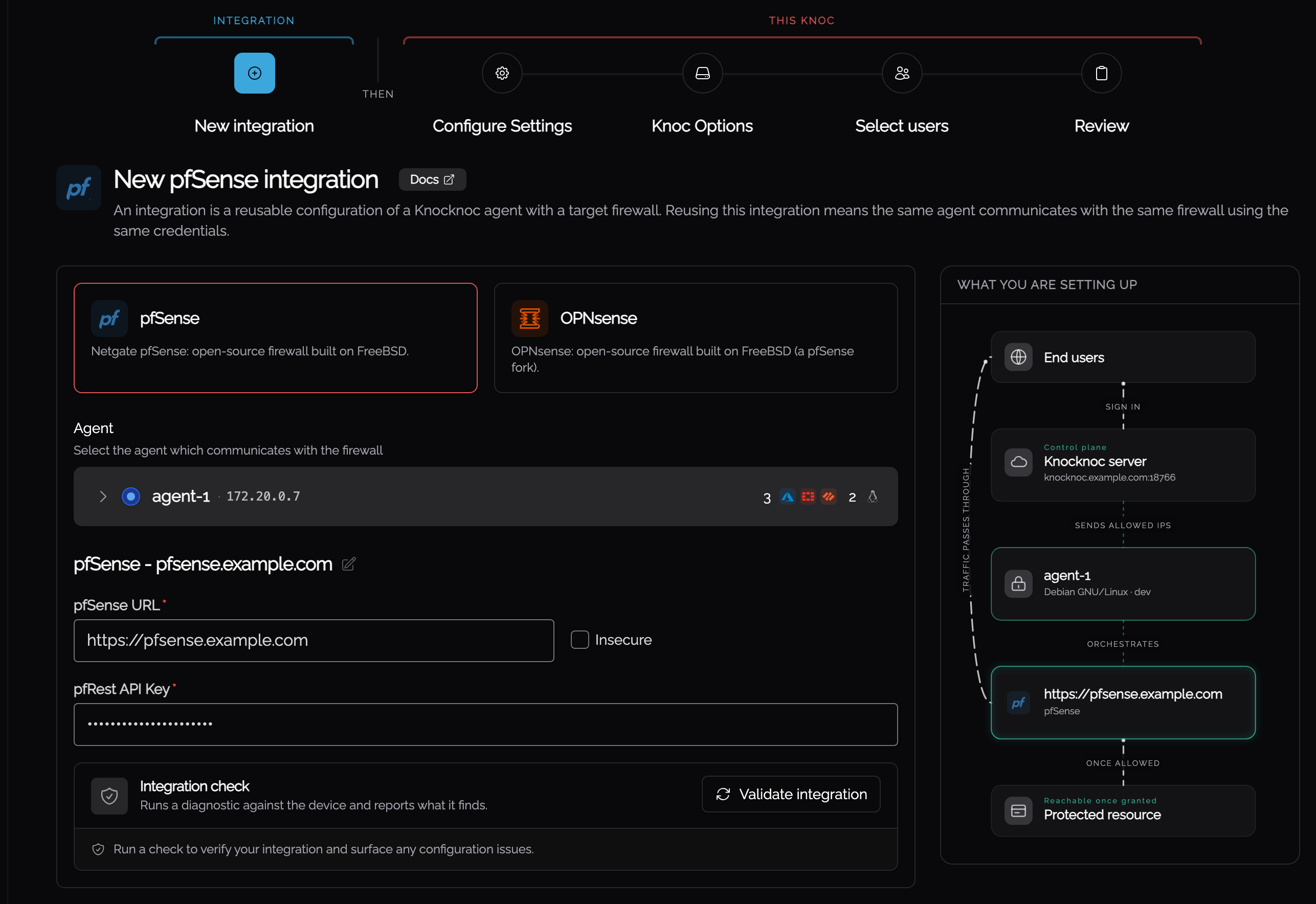 The pfSense integration step with the vendor cards, agent, URL and pfRest API key