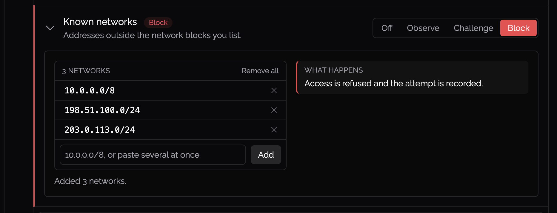 A Known networks restriction set to Block over three network blocks