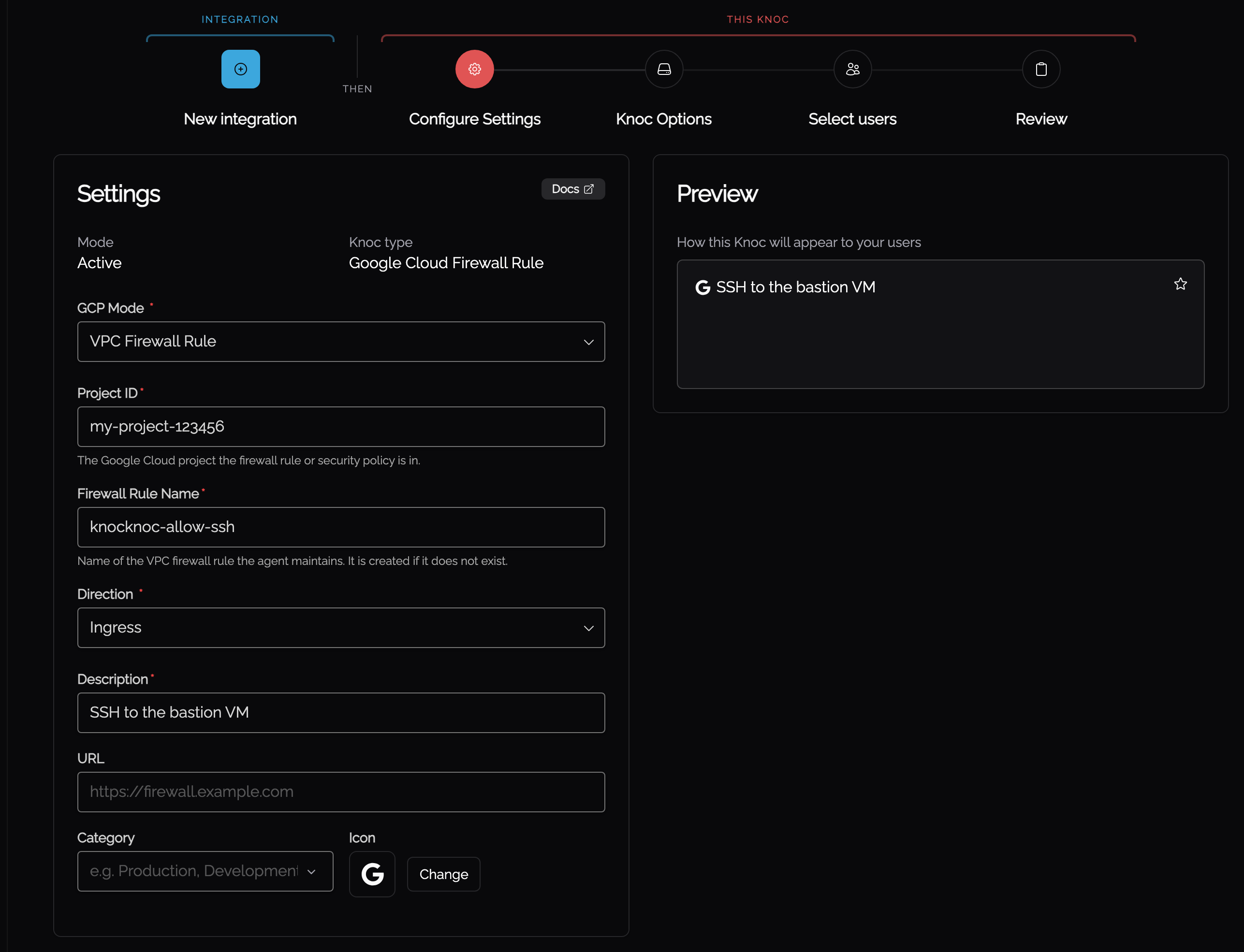 Setting the project, firewall rule name and direction on the Knoc