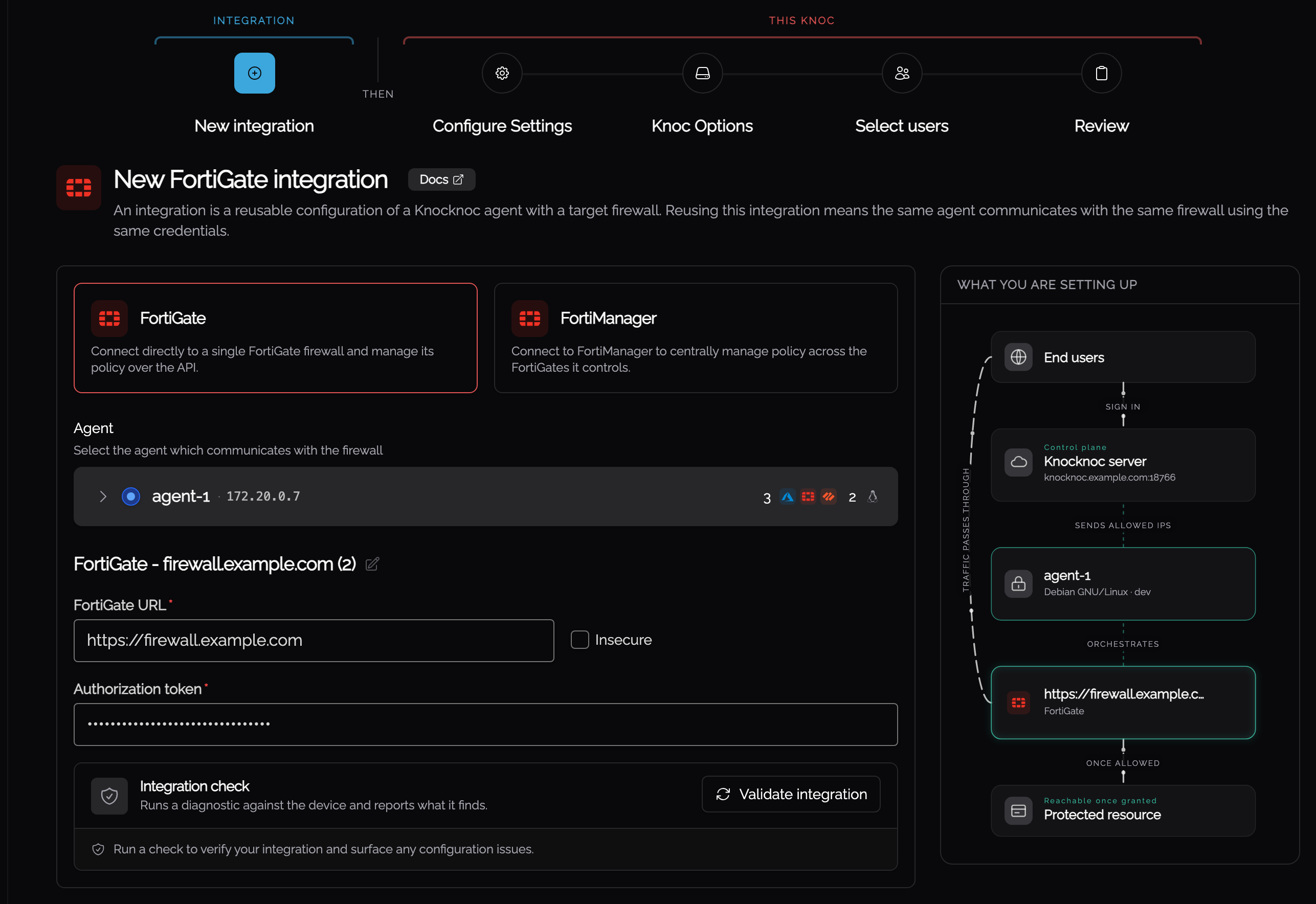 A new FortiGate integration with the agent, URL and authorization token