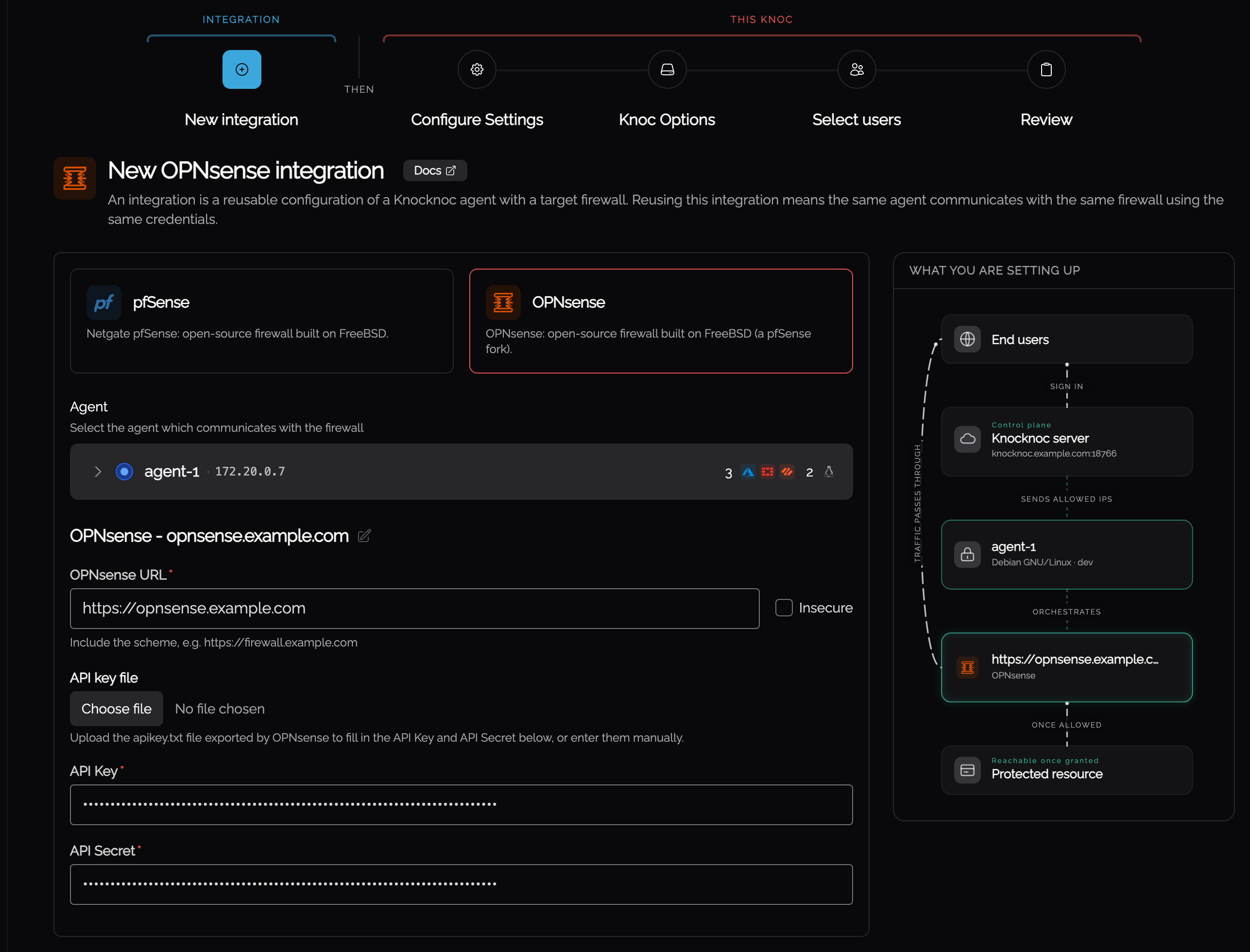 The OPNsense integration step with the vendor cards, agent, URL and API credentials