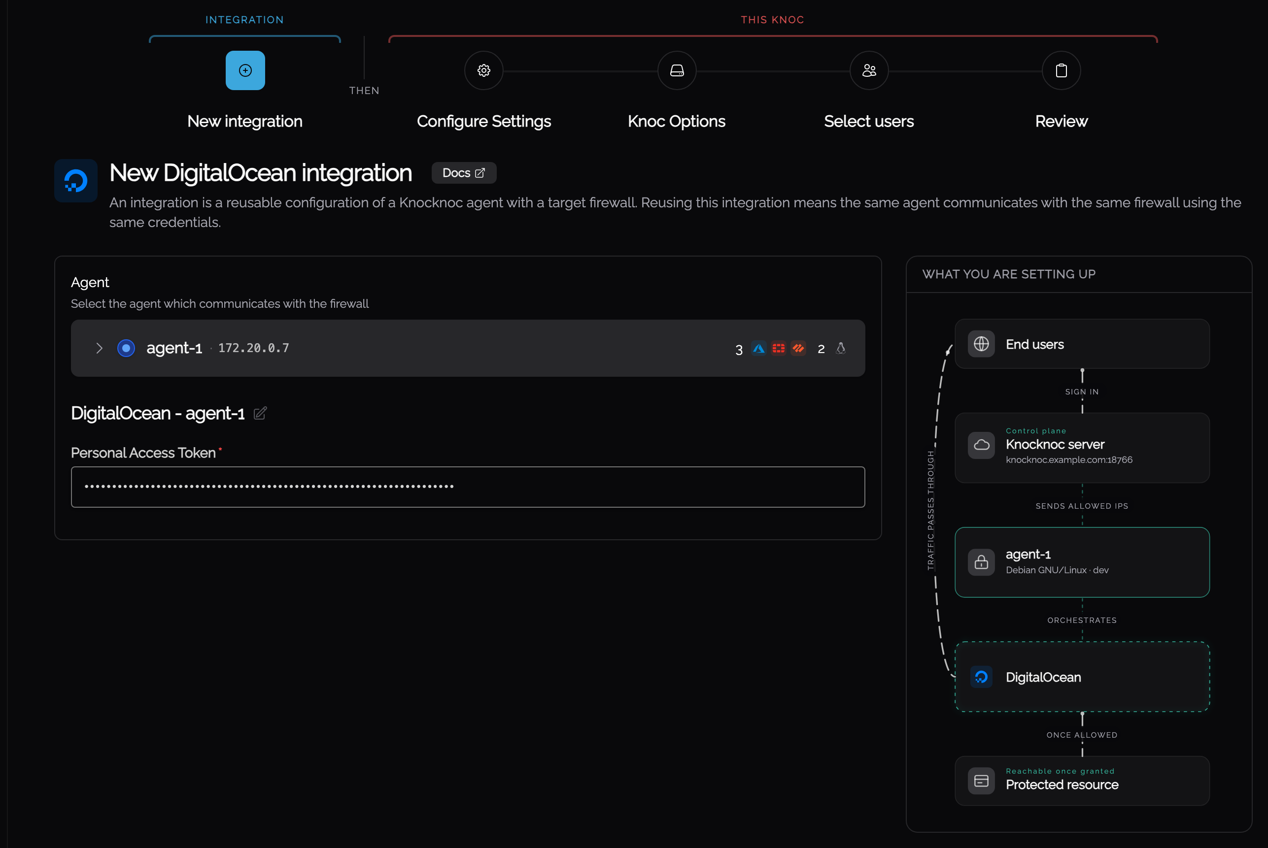 The DigitalOcean integration step with the agent and personal access token