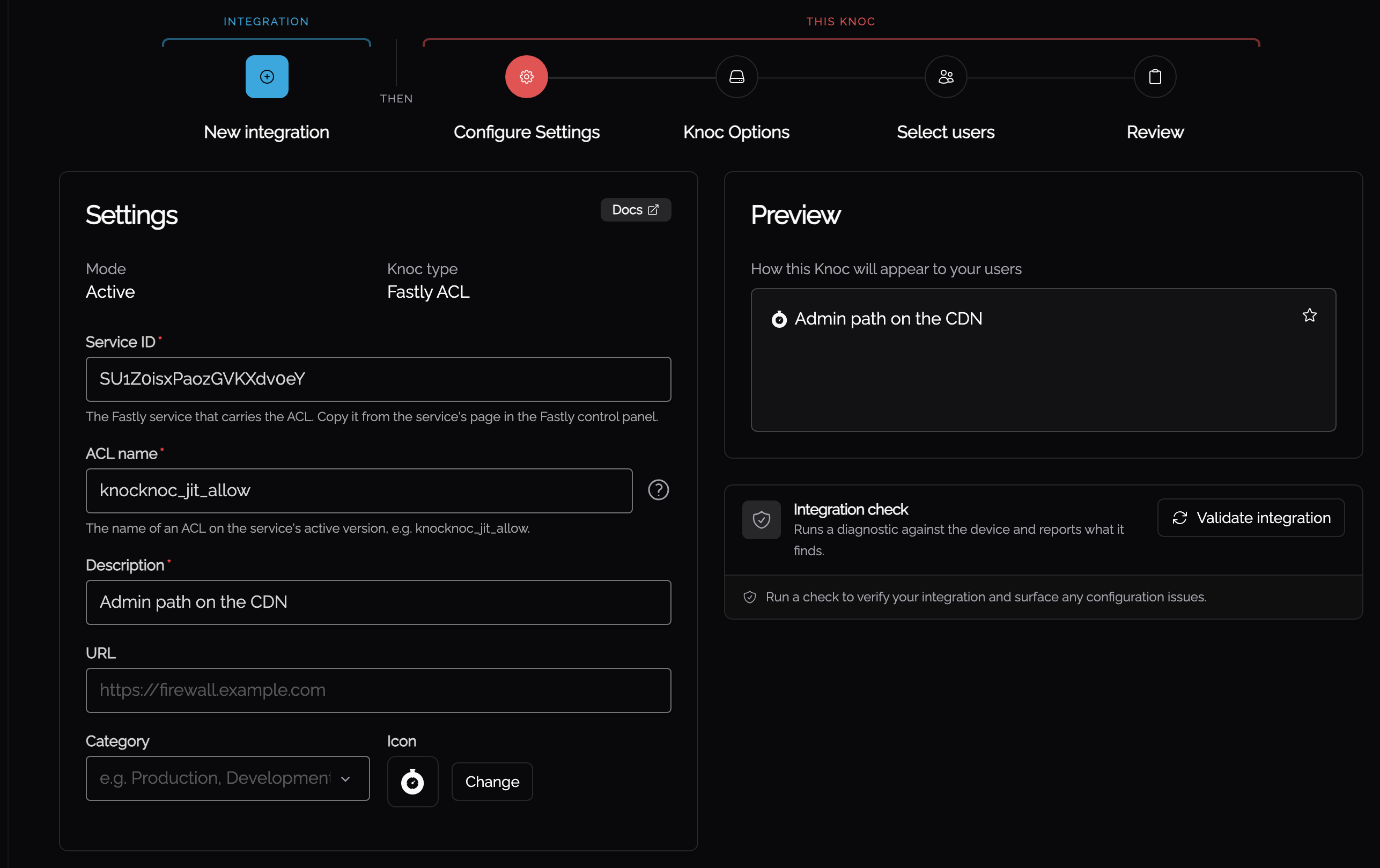 Setting the service ID and ACL name on the Knoc