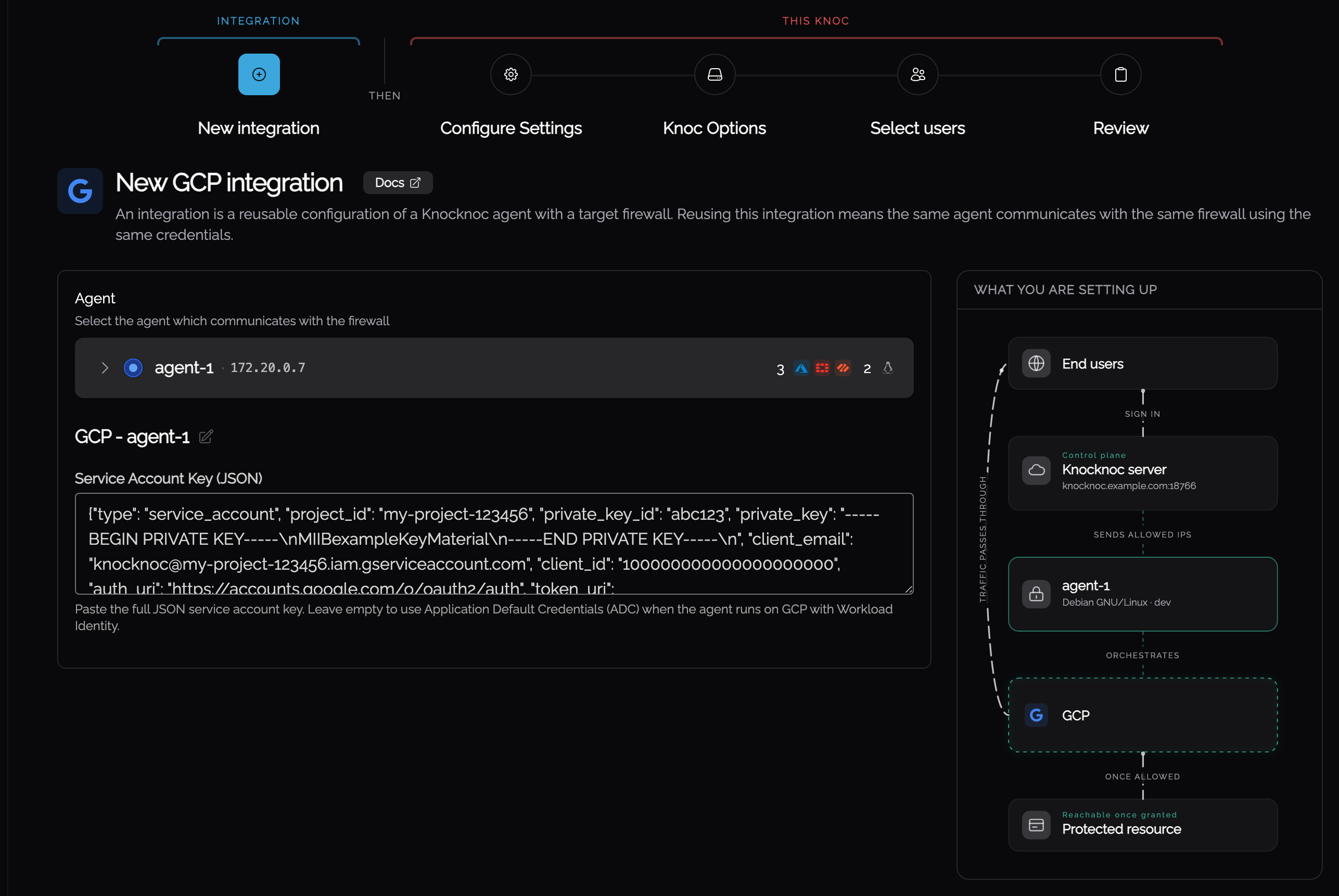 The GCP integration step with the agent and service account key