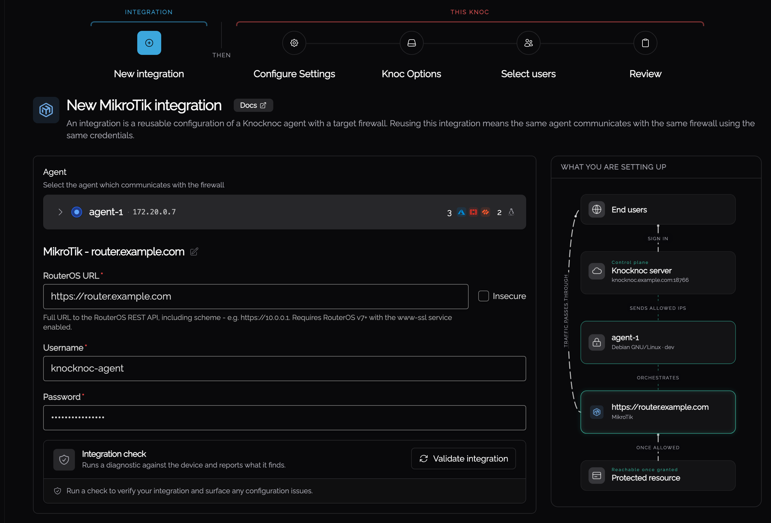 The MikroTik integration step with the agent, RouterOS URL and service account