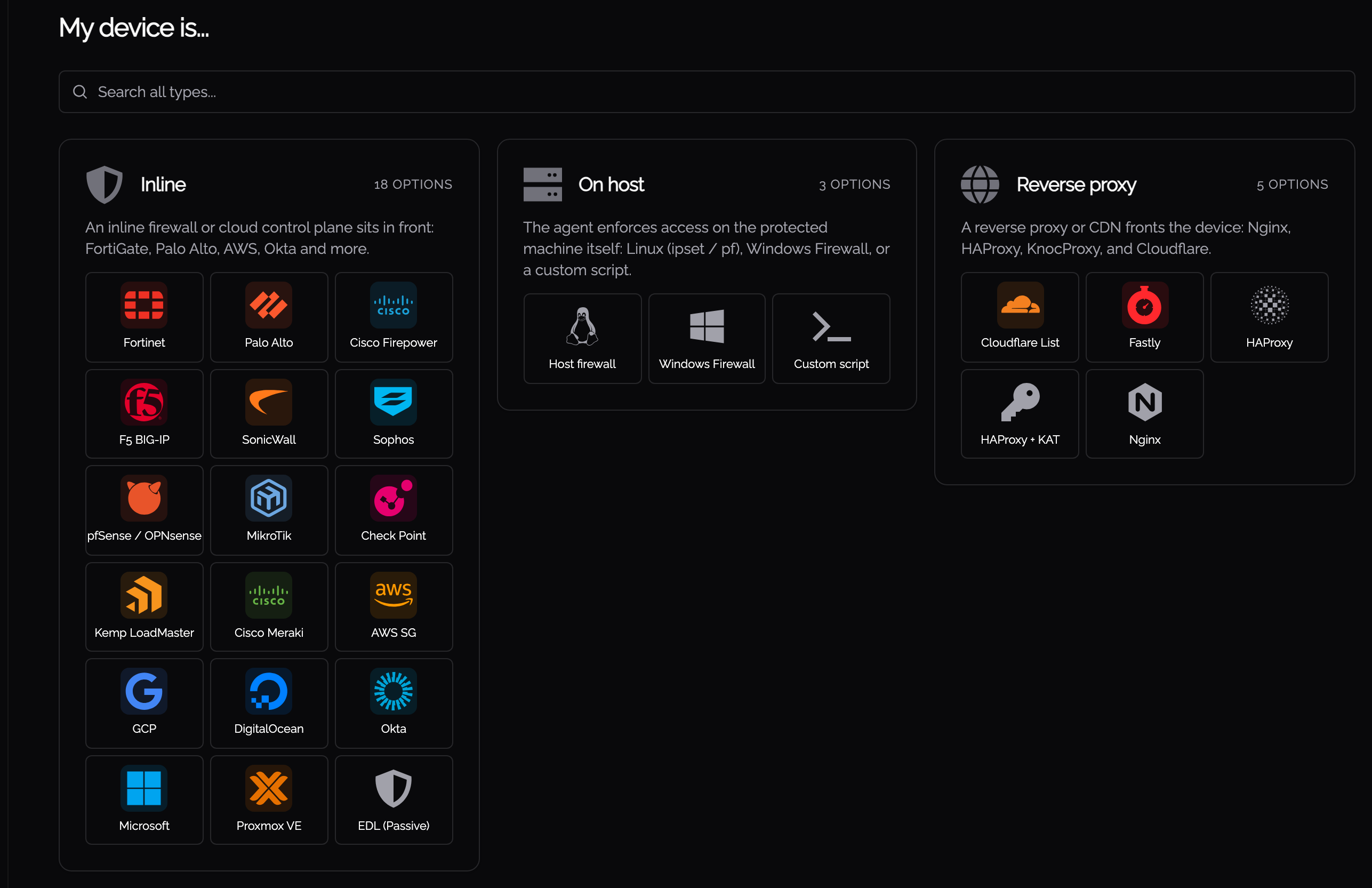 The vendor picker, grouped into Inline, On host and Reverse proxy