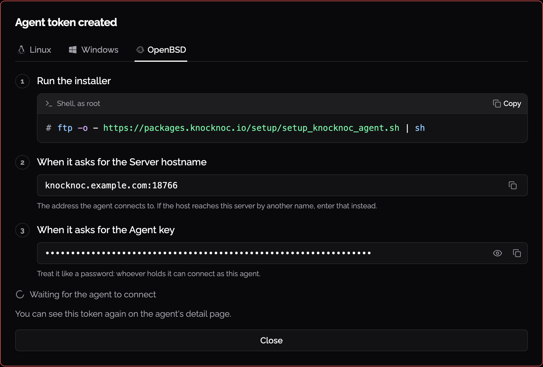 The Agent token panel on the OpenBSD tab, with the install command, server address and masked key
