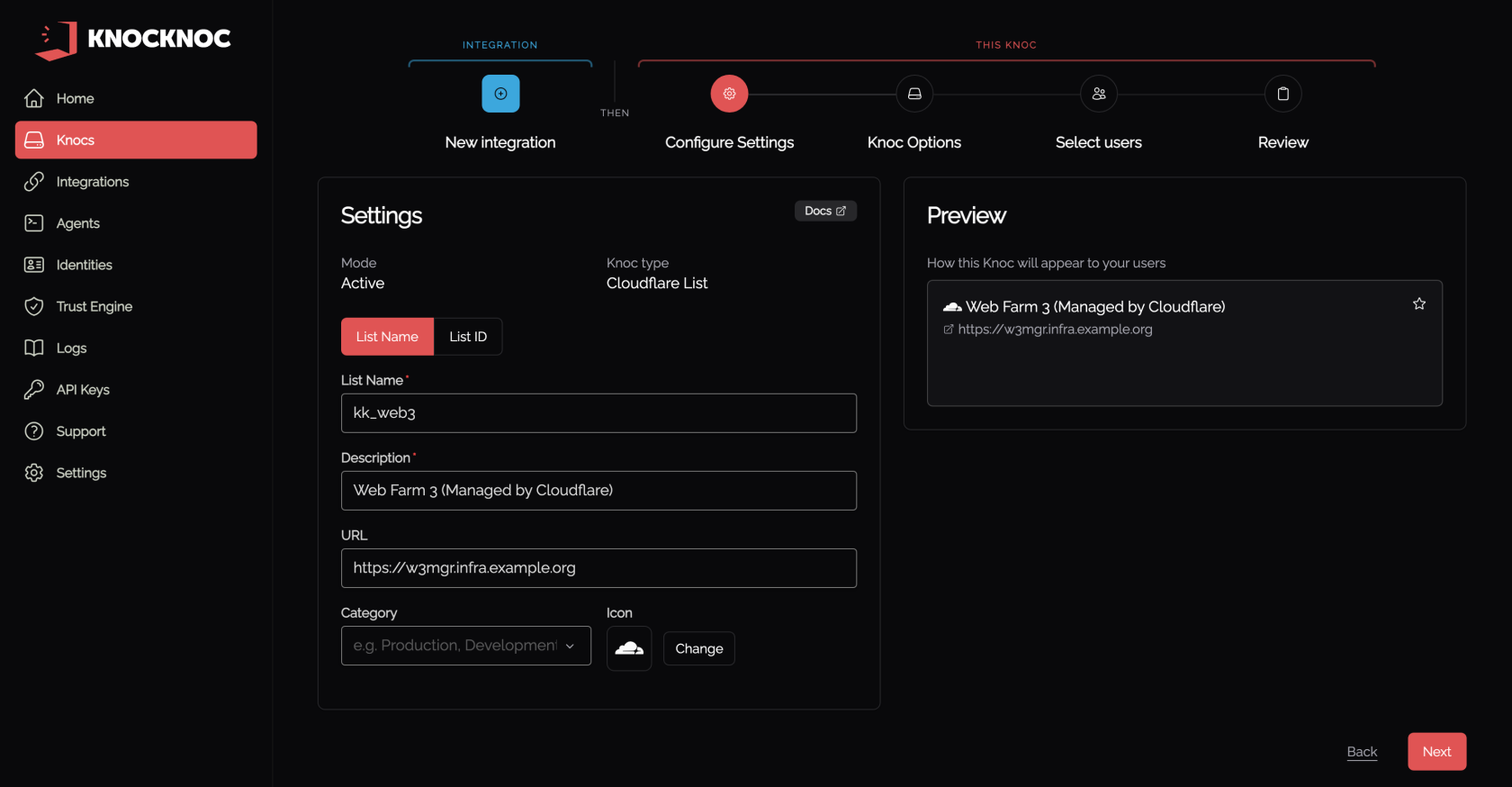 Wizard step 2, the knoc settings, with the list name and description