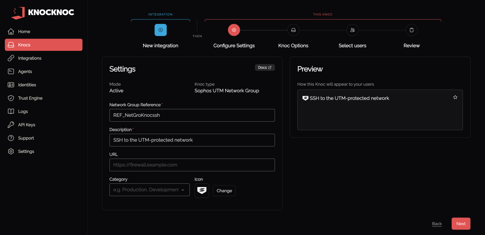 Wizard step 2, the knoc settings, with the Network Group Reference and description