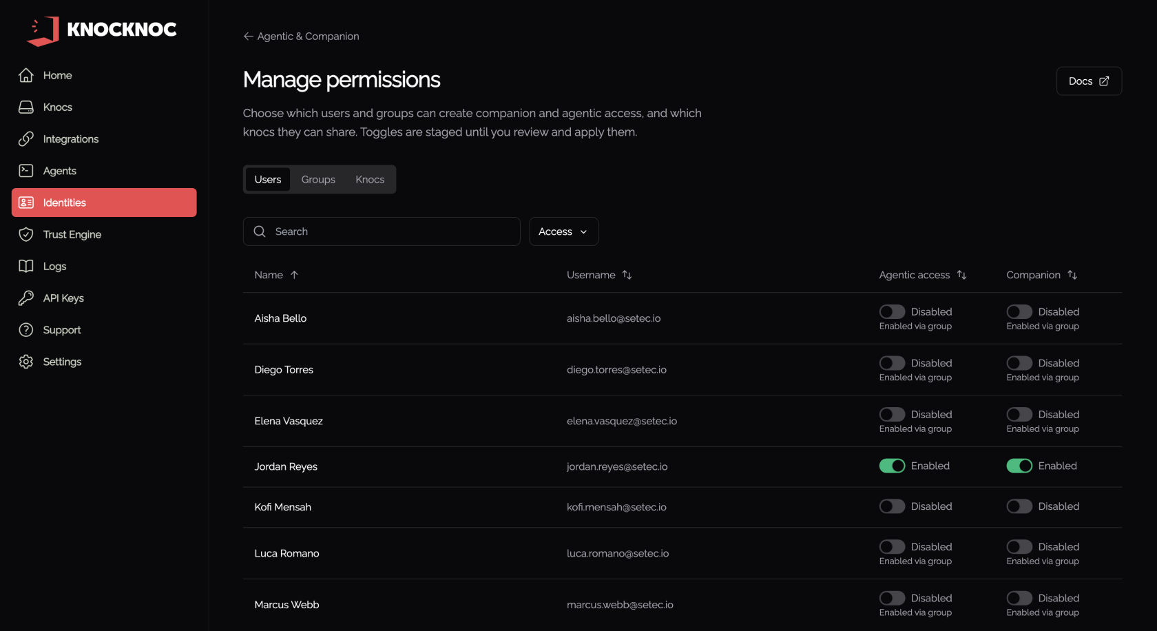 Manage permissions, Users tab, showing agentic access and companion toggles per user