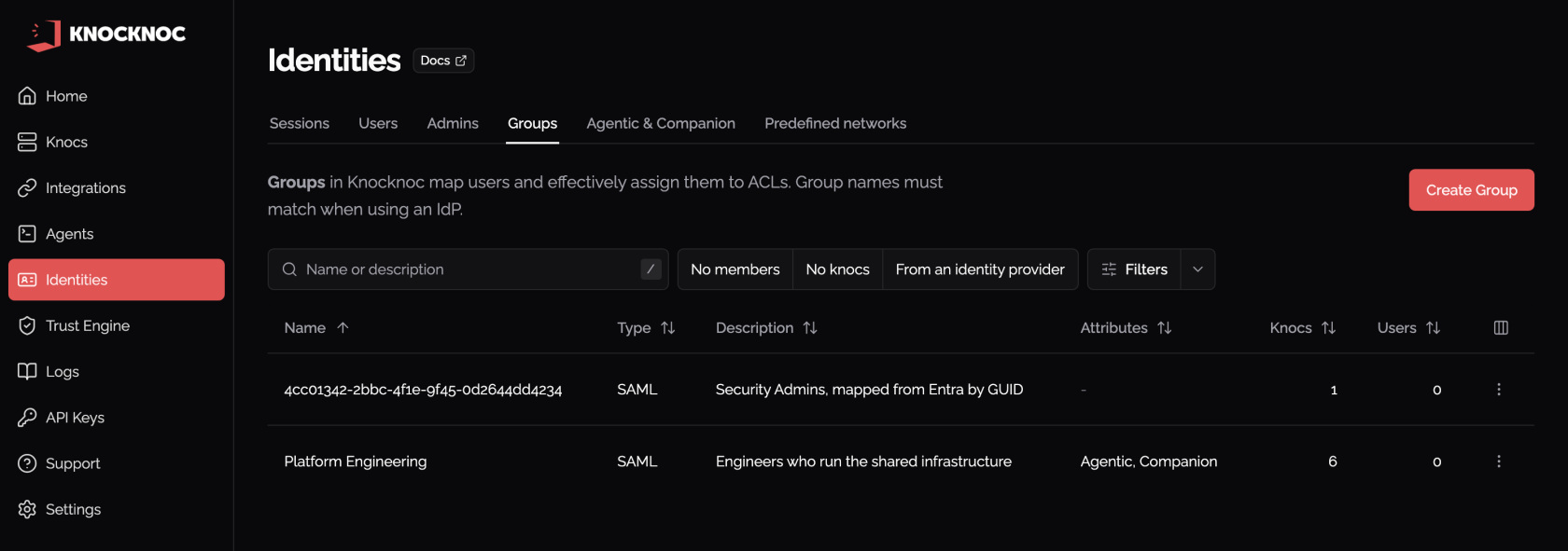 The Knocknoc Groups tab under Identities, with a SAML group named by its Entra object GUID