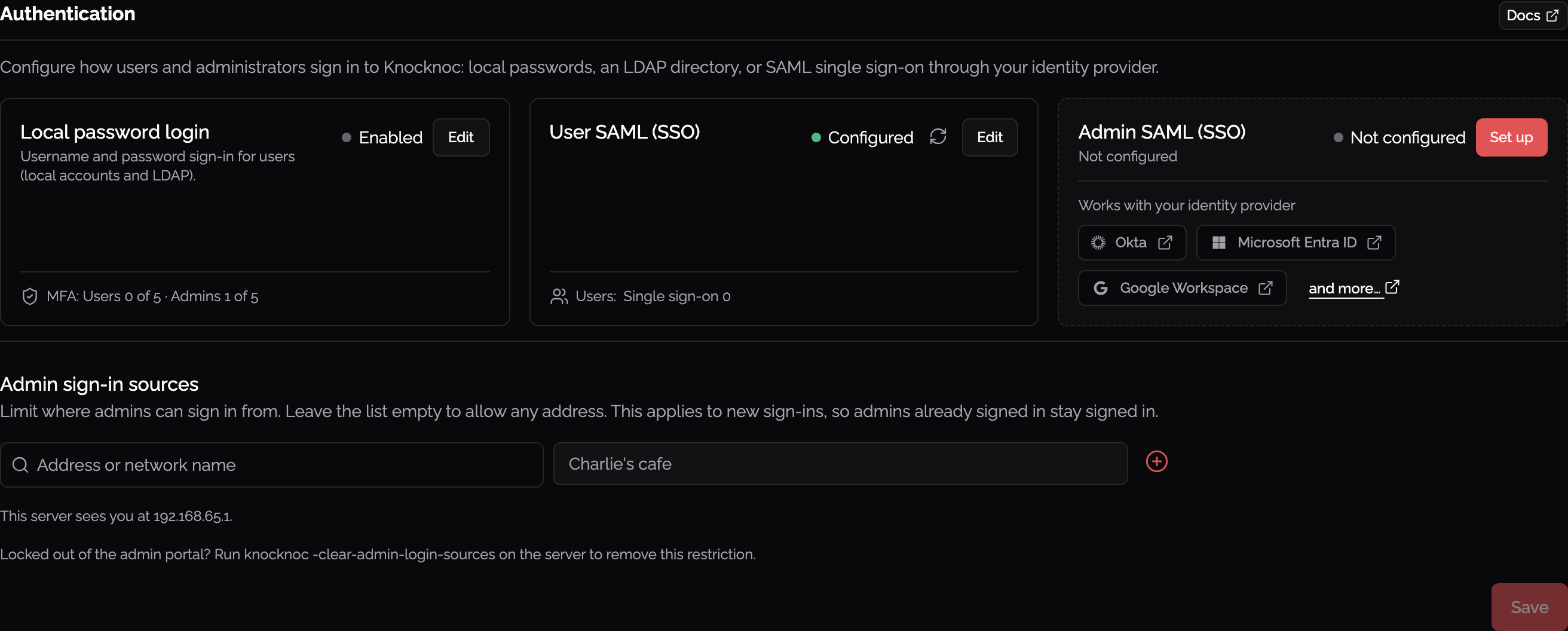 Authentication settings summary showing SAML certificate expiry