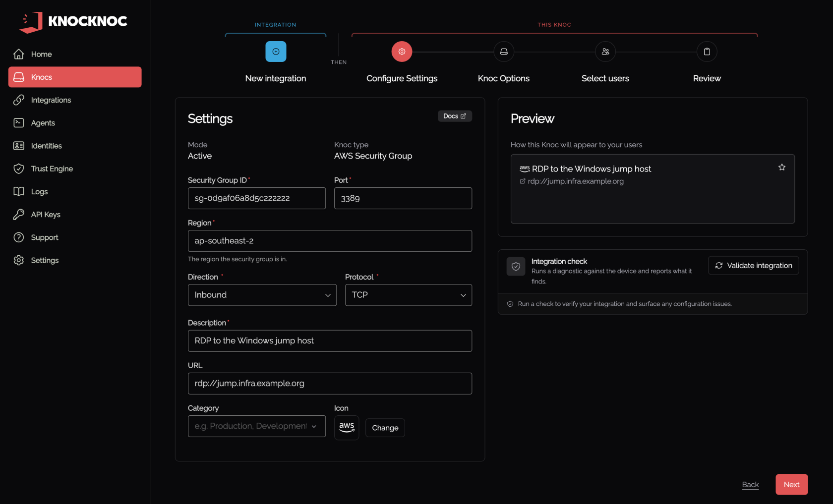 Wizard step 2, the knoc settings, with the security group, port and region