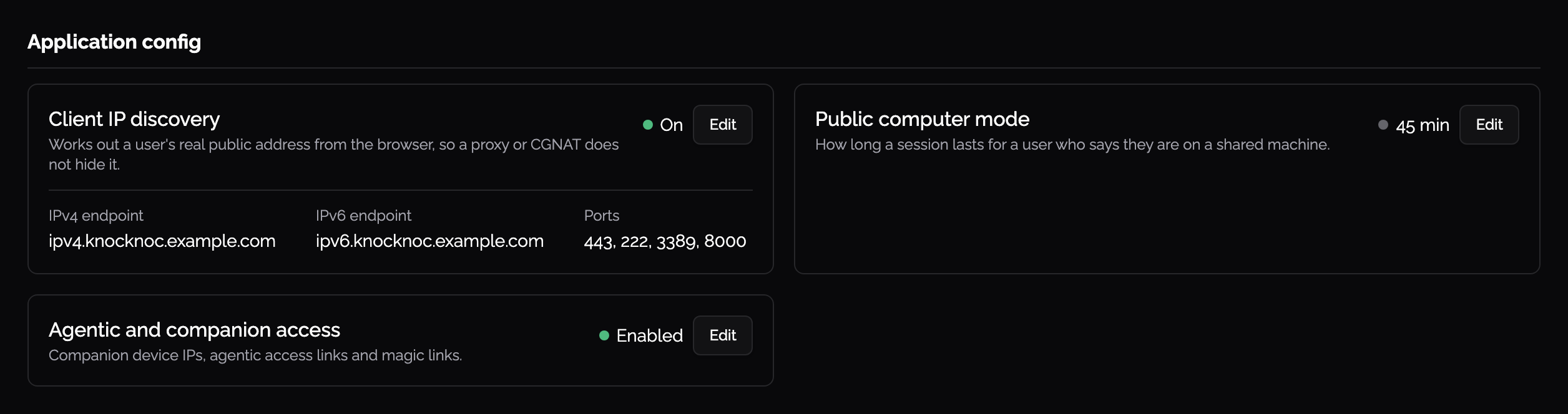 Application config: agentic and companion access, client IP discovery and public computer mode