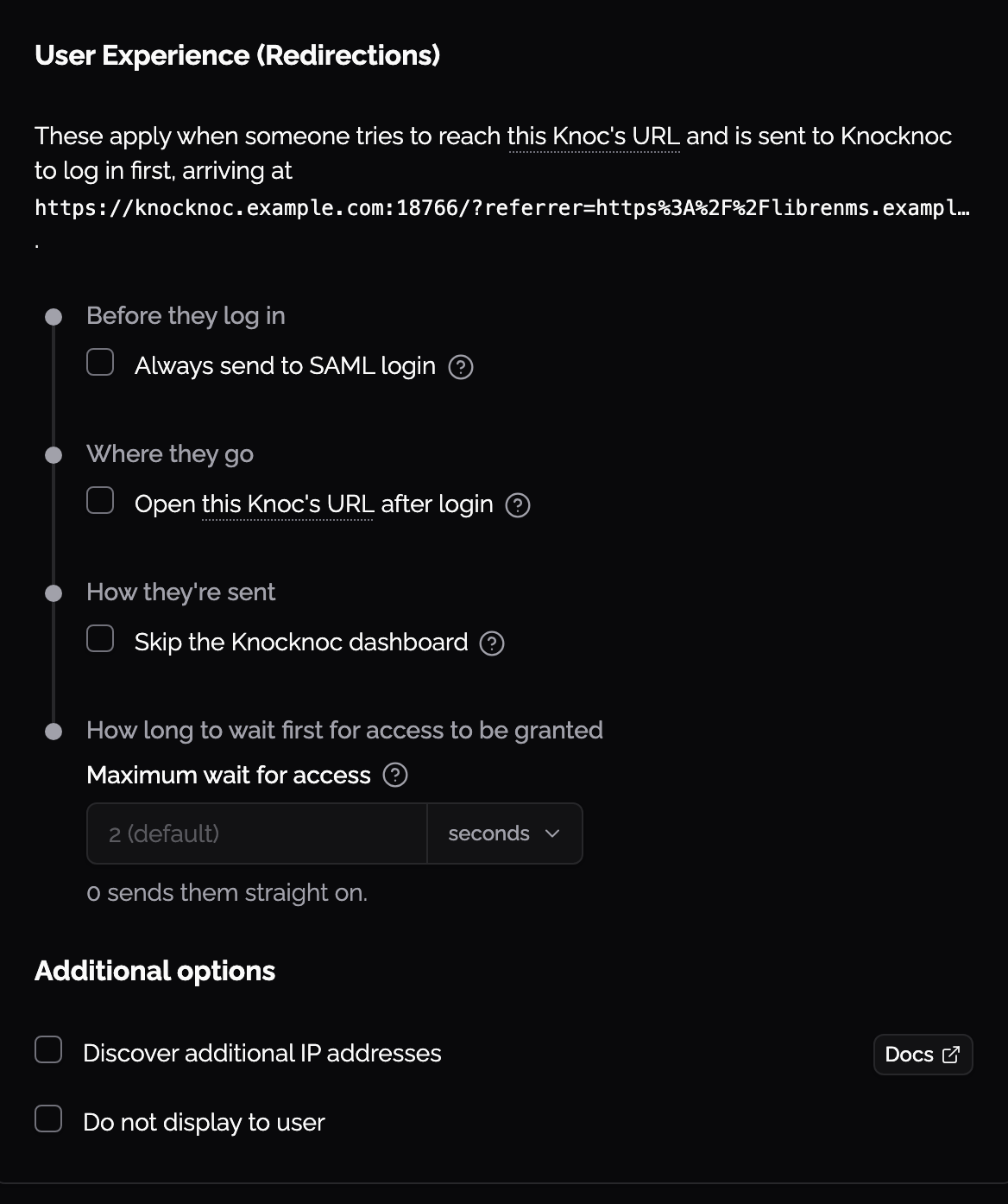 Skip the Knocknoc dashboard, in the redirection settings