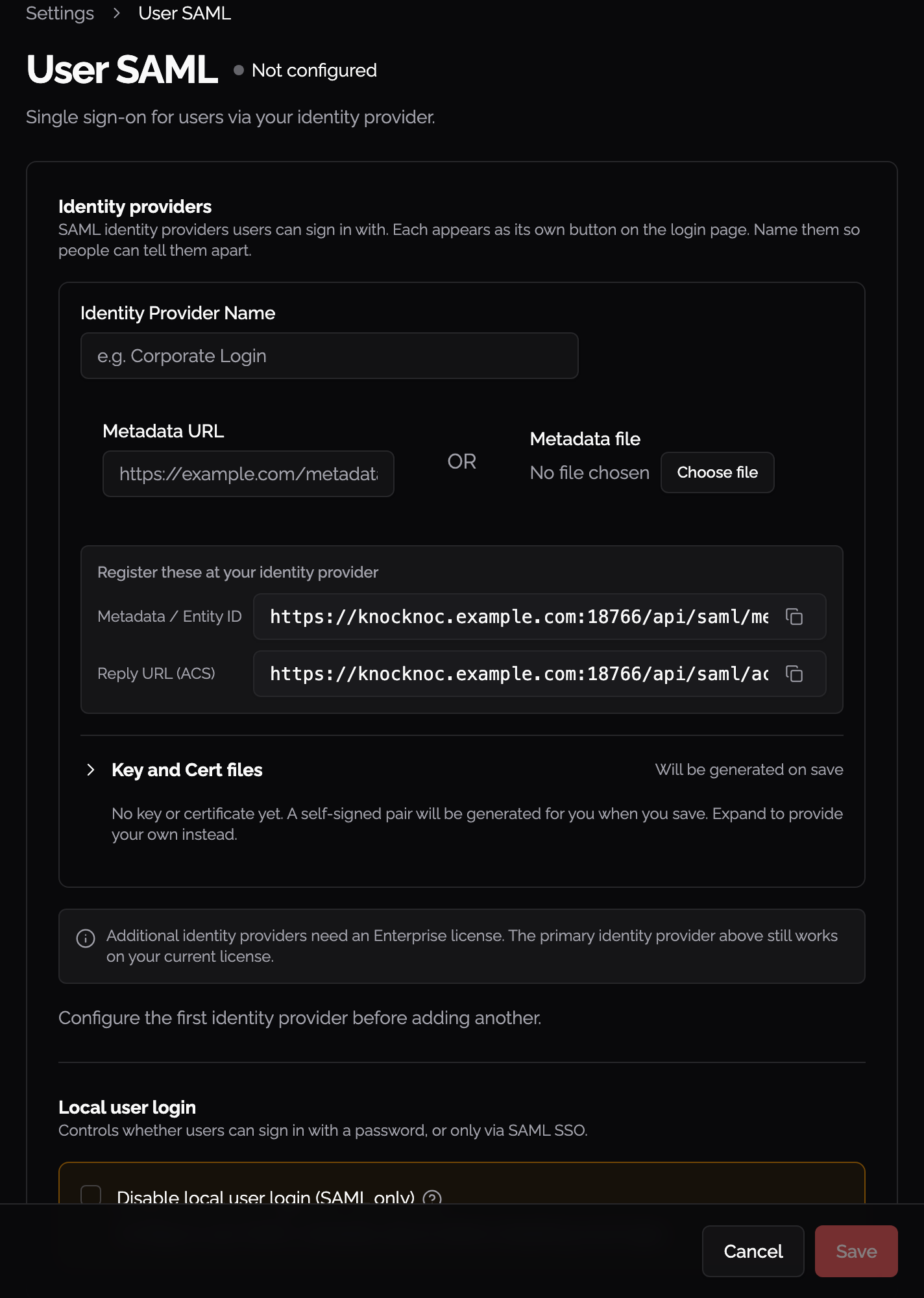 User SAML single sign-on settings