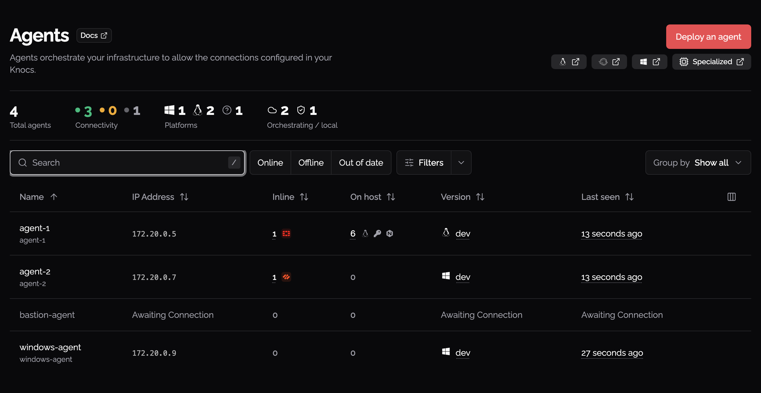 Admin Agents page: fleet summary, grouping, and agent list