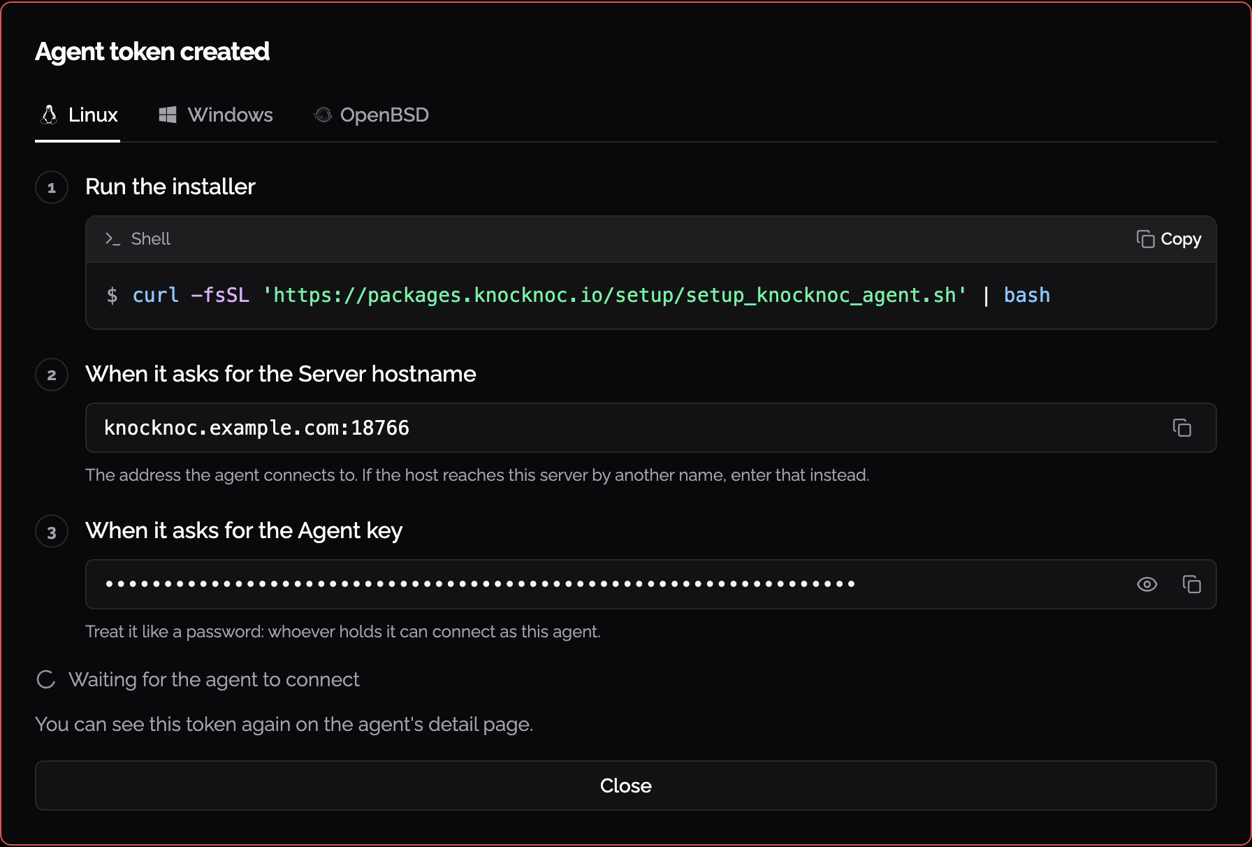 Deploy an agent panel showing the OS picker, install command, server address and agent key