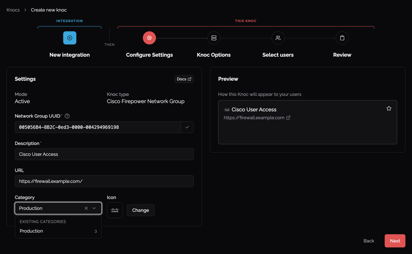 Knoc settings, network group UUID