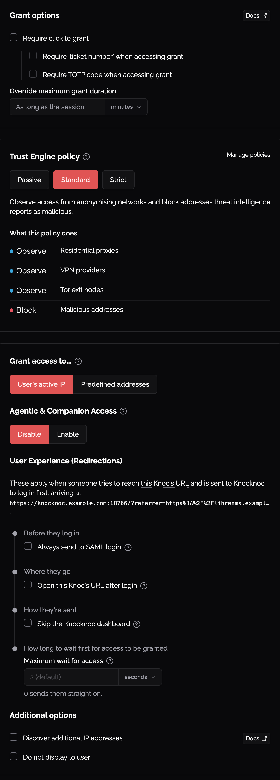 The User Experience (Redirections) settings