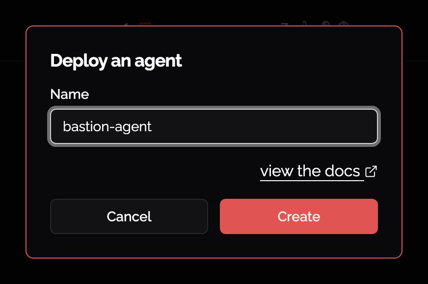 The Deploy an agent dialog, with the agent Name field and Create
