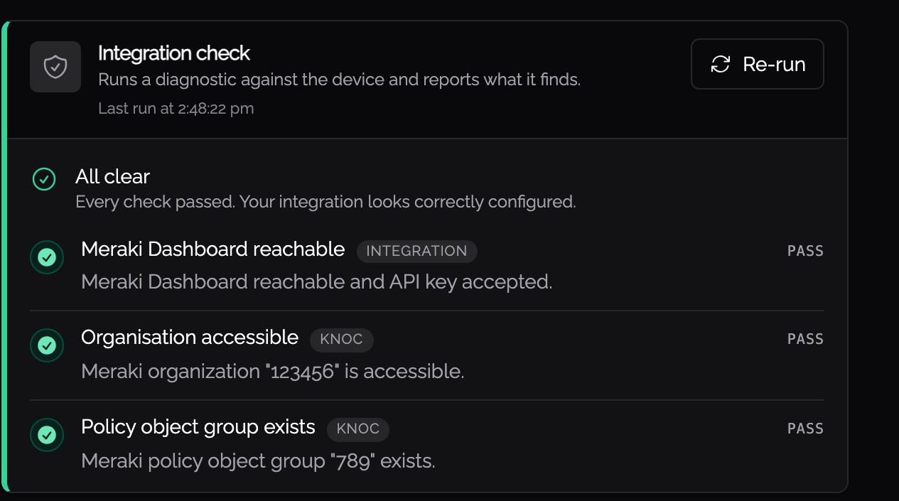 The integration check passing all three Meraki checks