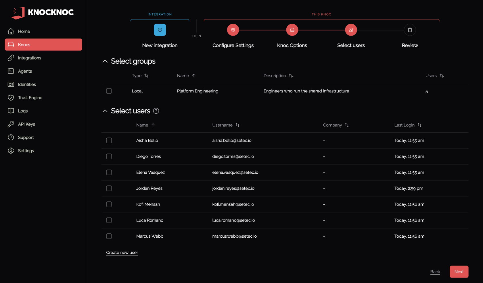 Select users step with a group and users listed