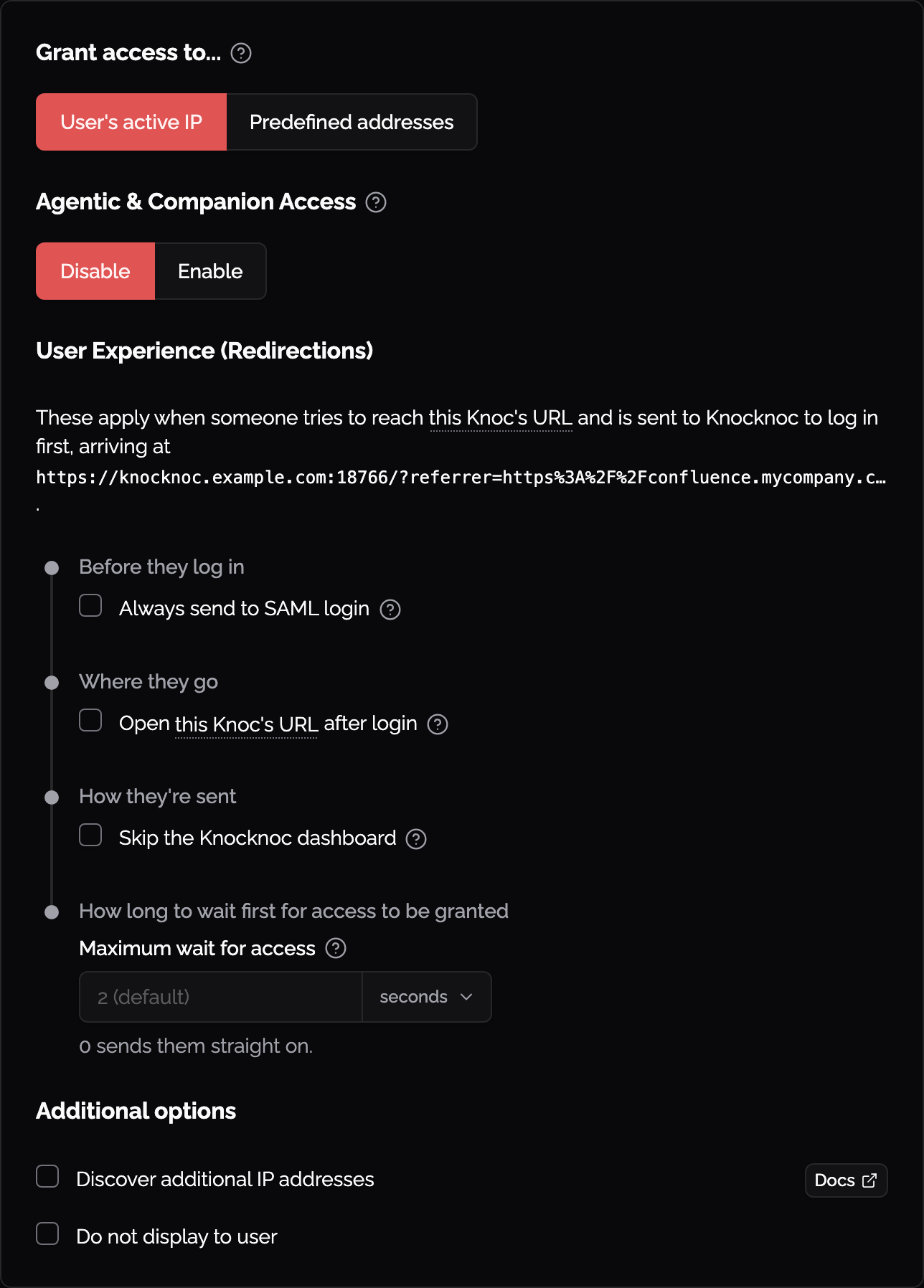 Maximum wait for access, in the redirection settings