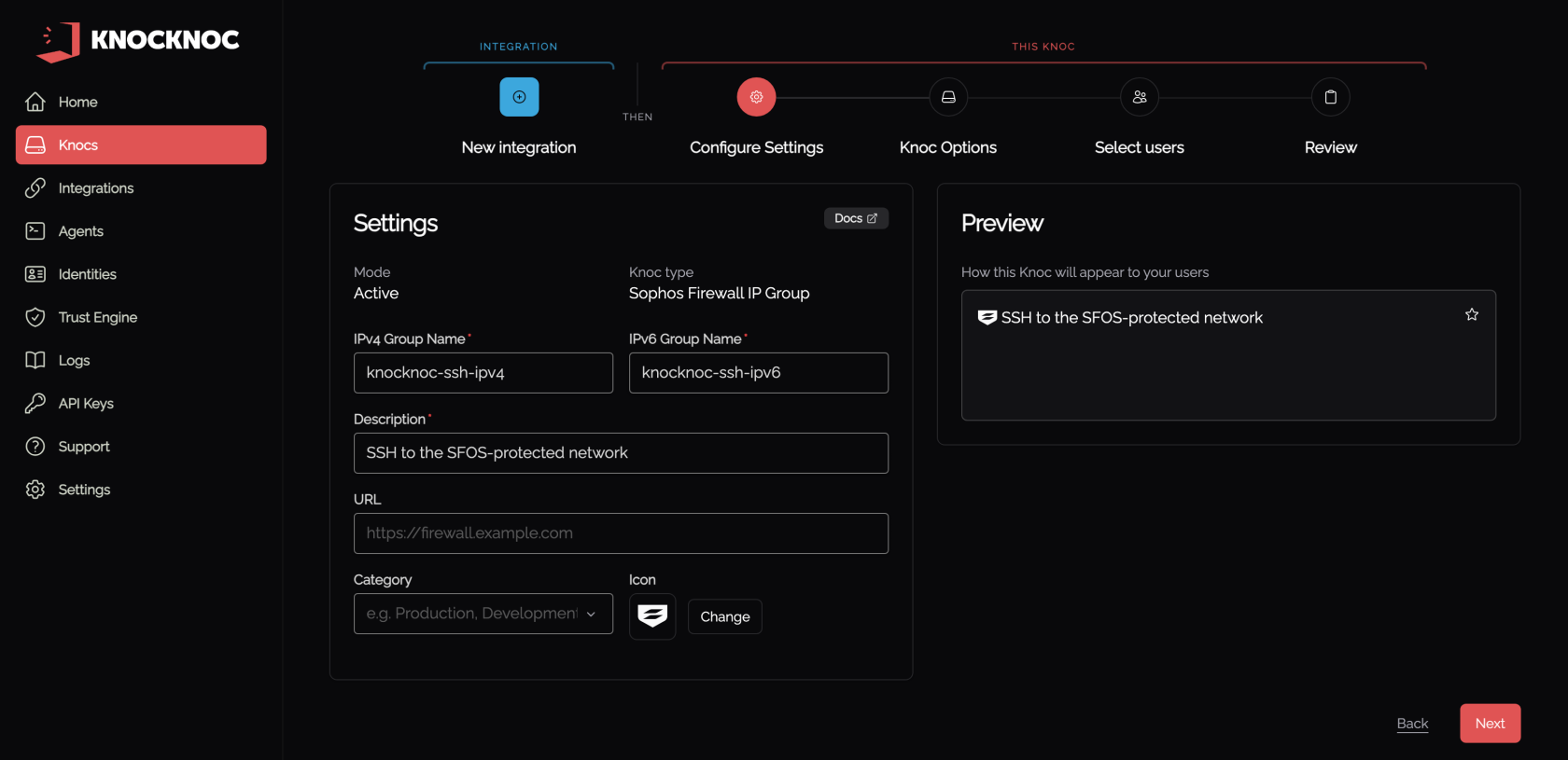 Wizard step 2, the knoc settings, with the IPv4 and IPv6 host group names