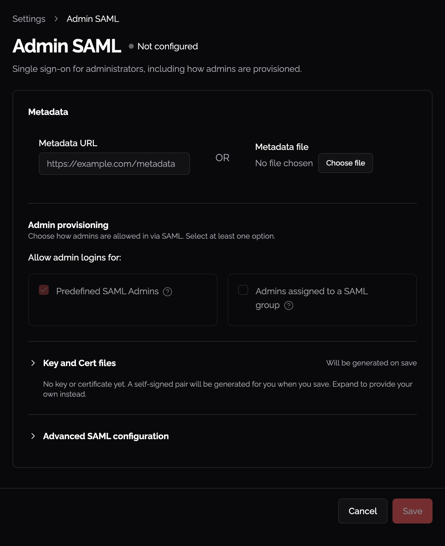Admin SAML single sign-on settings