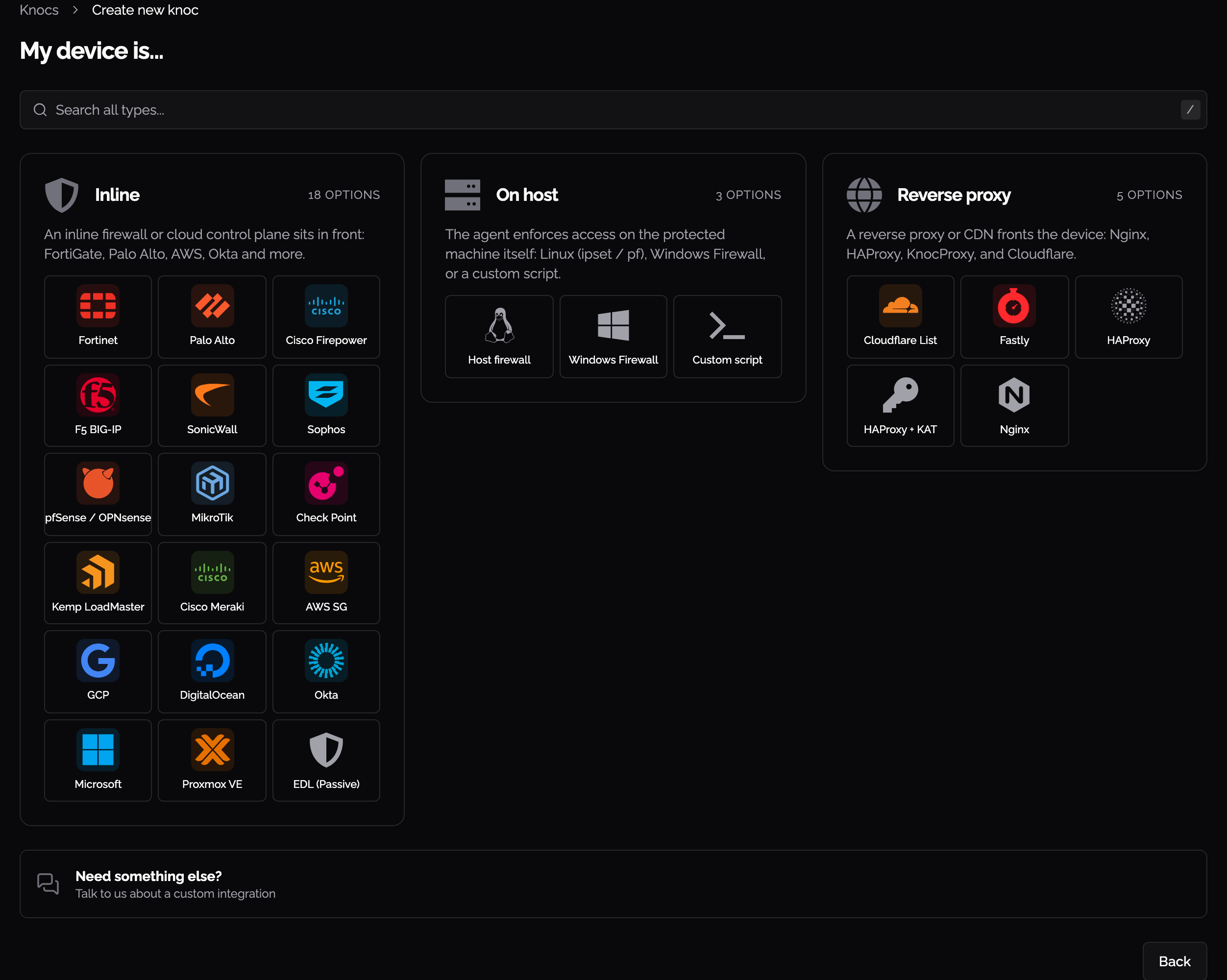 The Create new knoc device picker, with Sophos under Inline