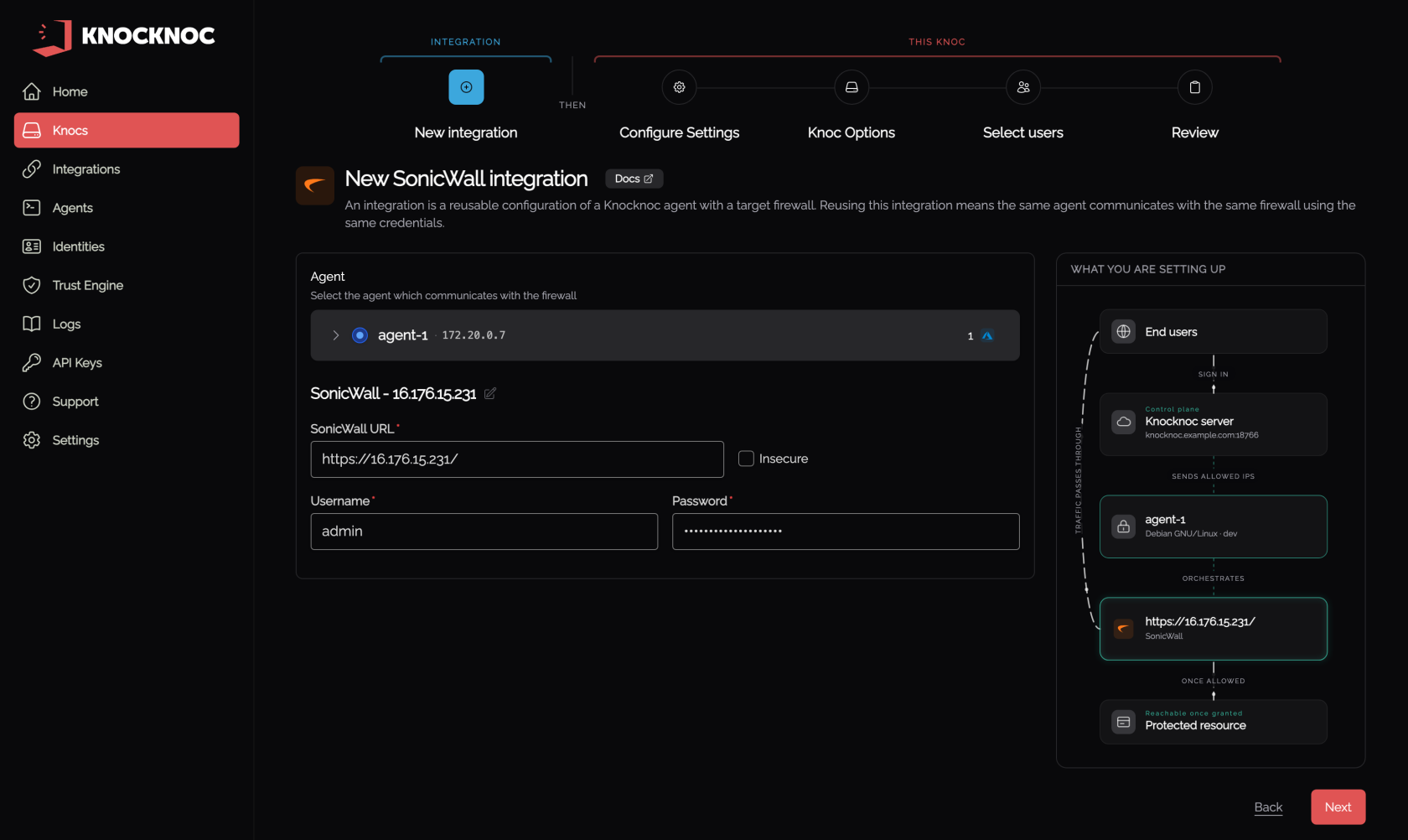 Wizard step 1, the SonicWall integration, with the agent chosen and the firewall URL and credentials entered