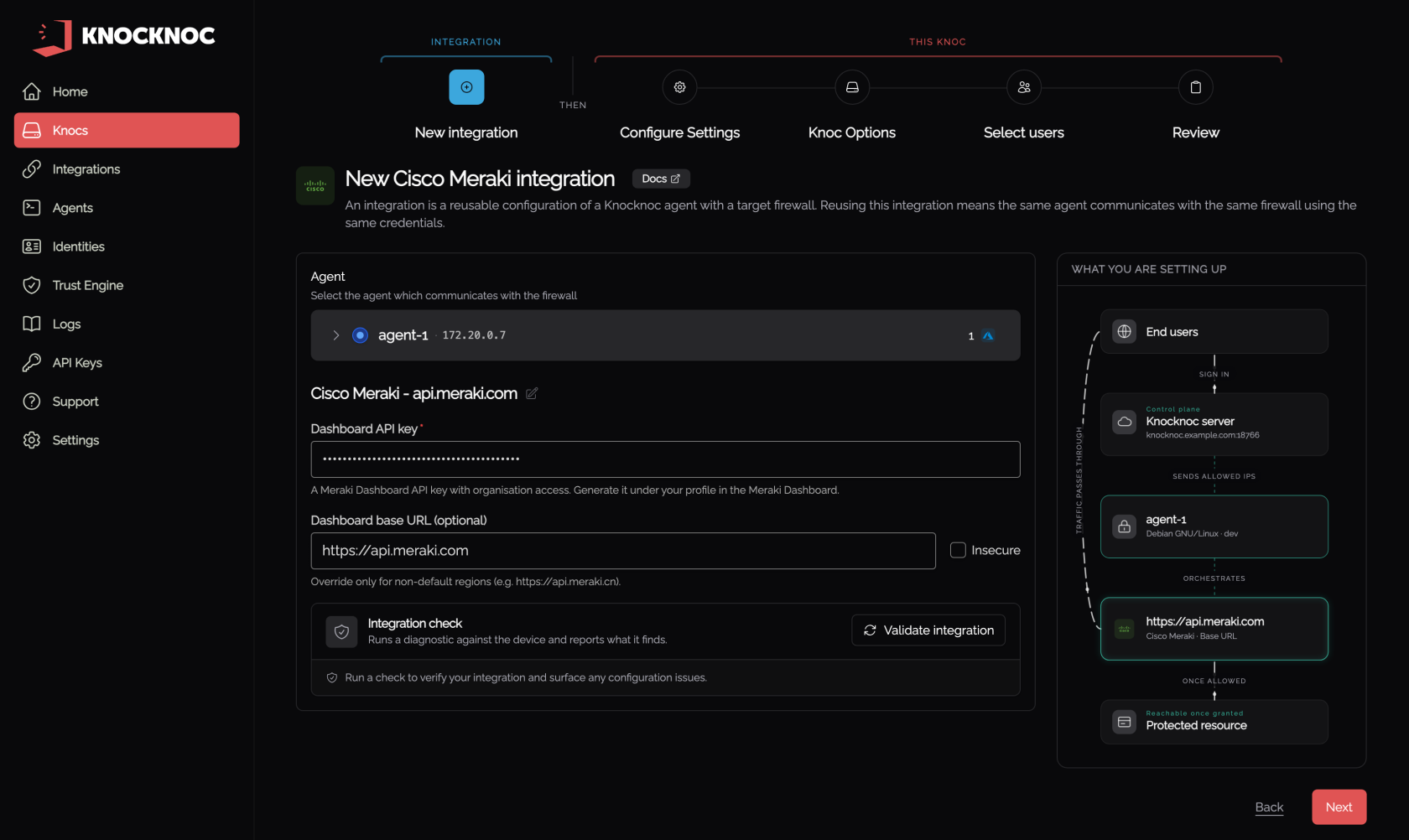 Wizard step 1, the Cisco Meraki integration, with the agent and the Dashboard API key