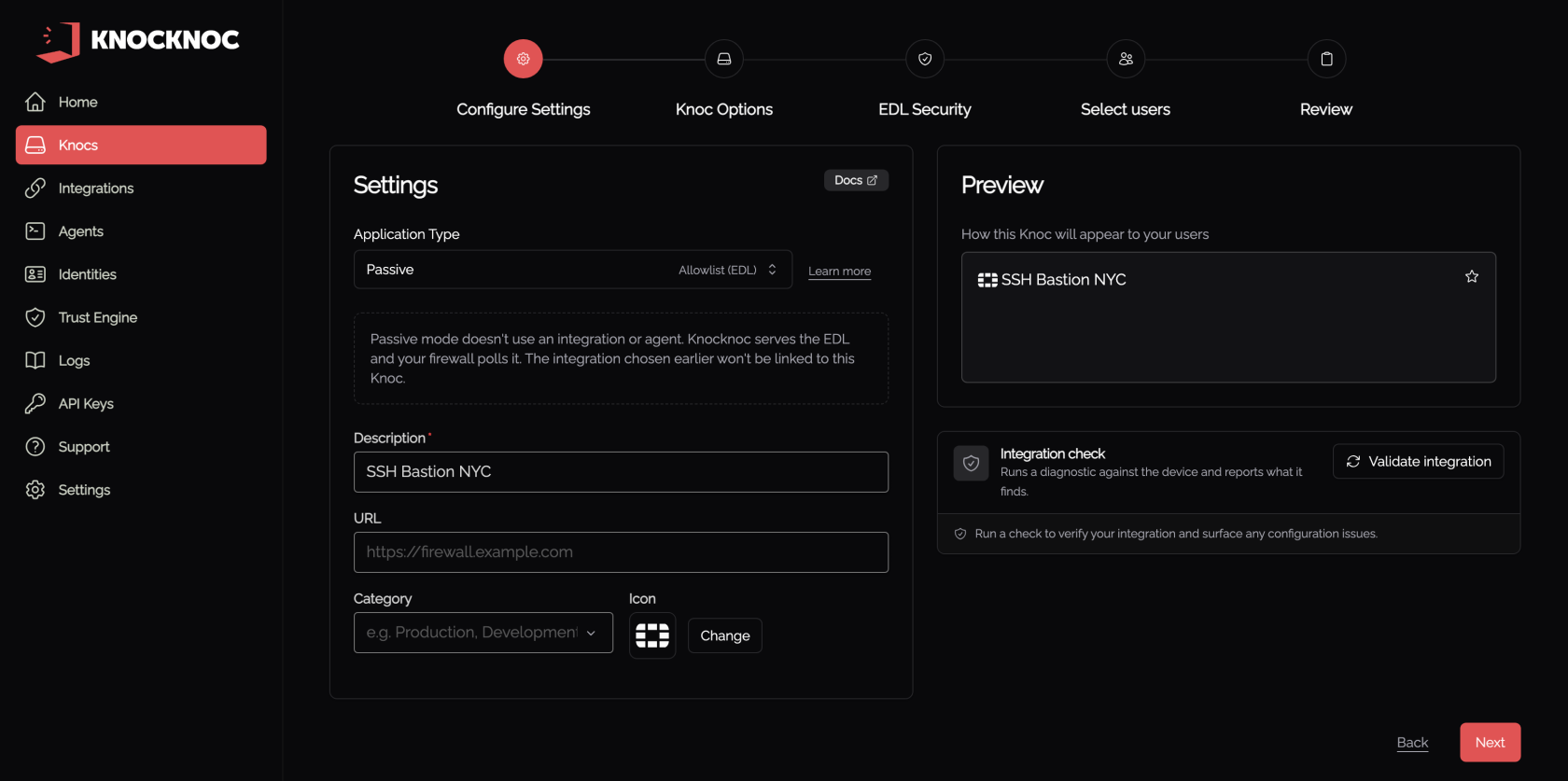 Passive Knoc settings