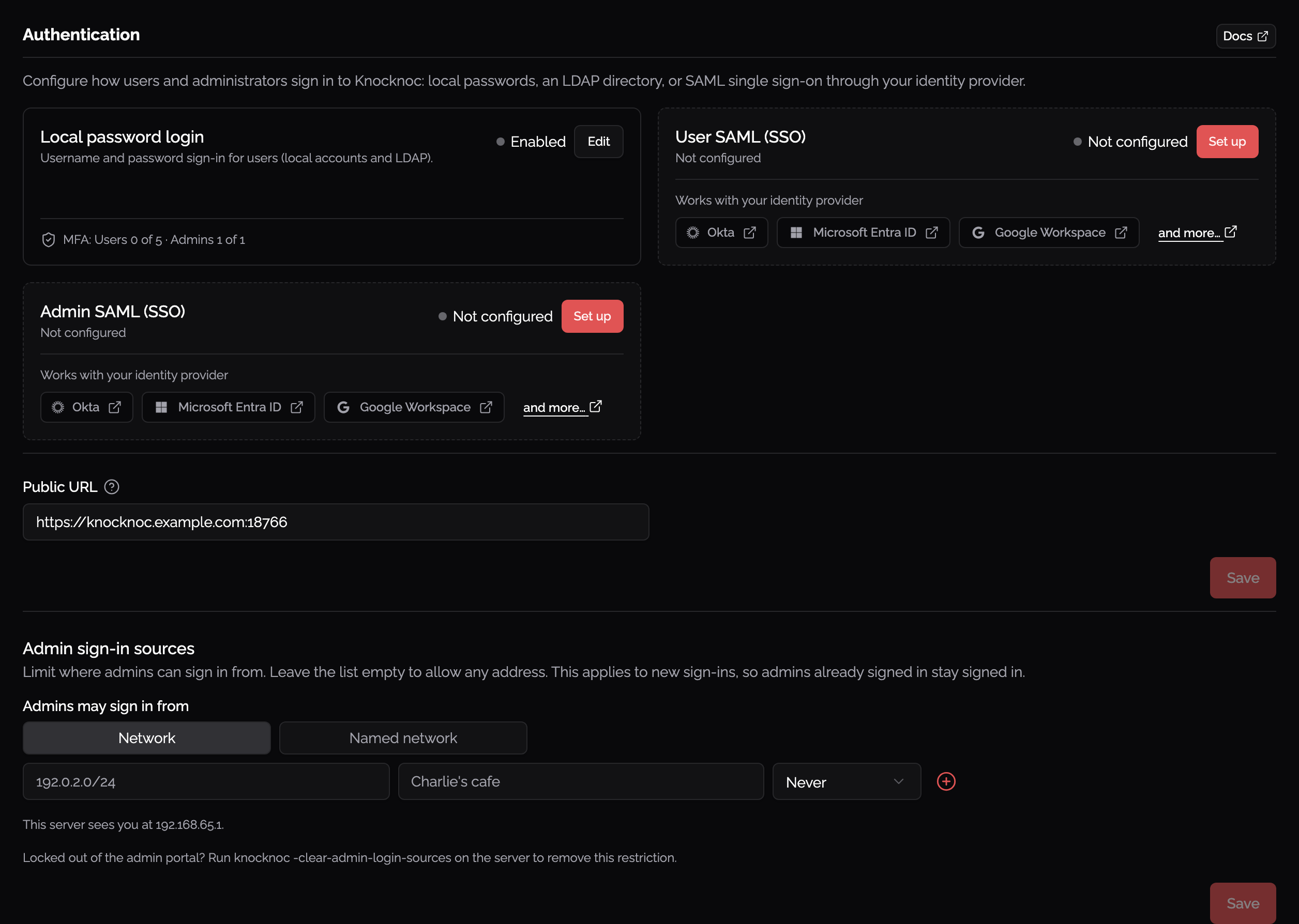 Authentication cards in admin Settings